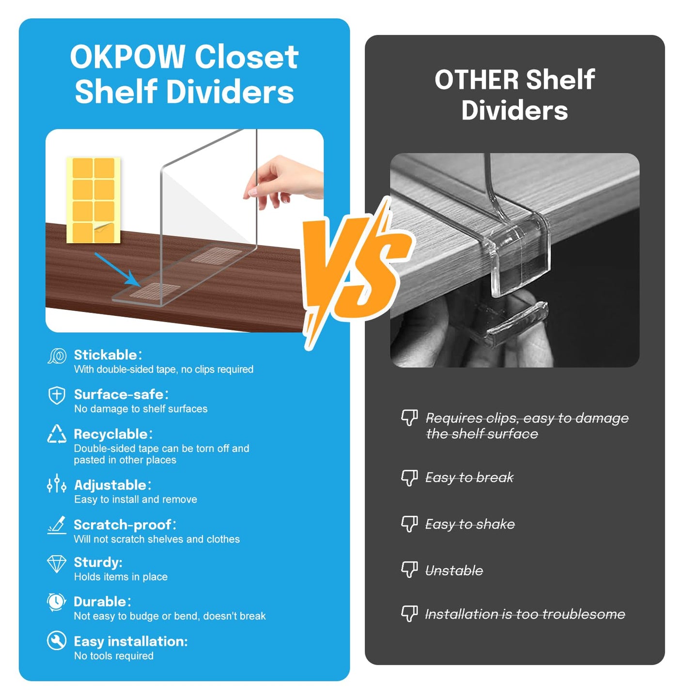 OKPOW Shelf Dividers Closet Organizer - 12" Tall X 11.8" Deep Acrylic Clear Sturdy Separate for Clothes Purse - Adjustable Space Saver Easy Install for Home Organization Enthusiasts 4 Pack