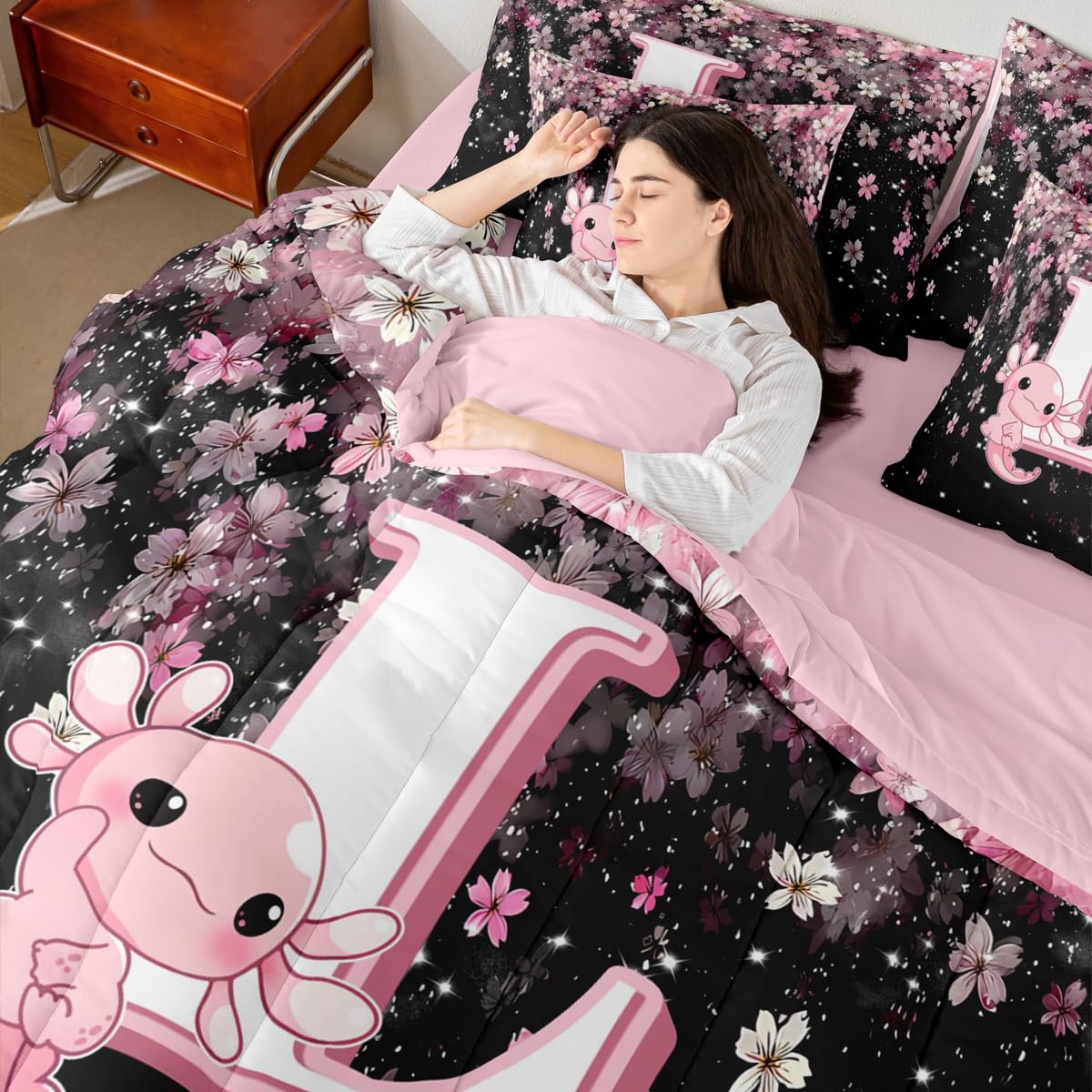 Erosebridal 7 Pieces Cute Letter Initial L Bedding Set Twin Size | Cute Axolotl Comforter Set with Sheets for Kids Girls Teens Pink and White Cherry Blossom Quilt Sets Kawaii Axolotl Bed in A Bag