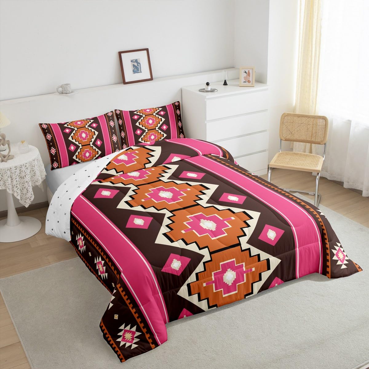 Feelyou Boho Aztec Comforter Set Twin Size West Bedding Set for Kids Boys Girls Pink Brown Duvet Quilt Western Bedroom Decor Microfiber 2 Pcs with 1 Pillow Cases