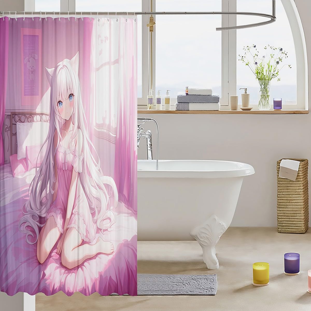 Erosebridal Japanese Anime Fabric Shower Curtain,Anime Girl Bathroom Accessories 72" W X 72" L Kawaii Japanese Style Shower Curtain Cartoon Japan Animation Waterproof Decor for Kids Boys Women