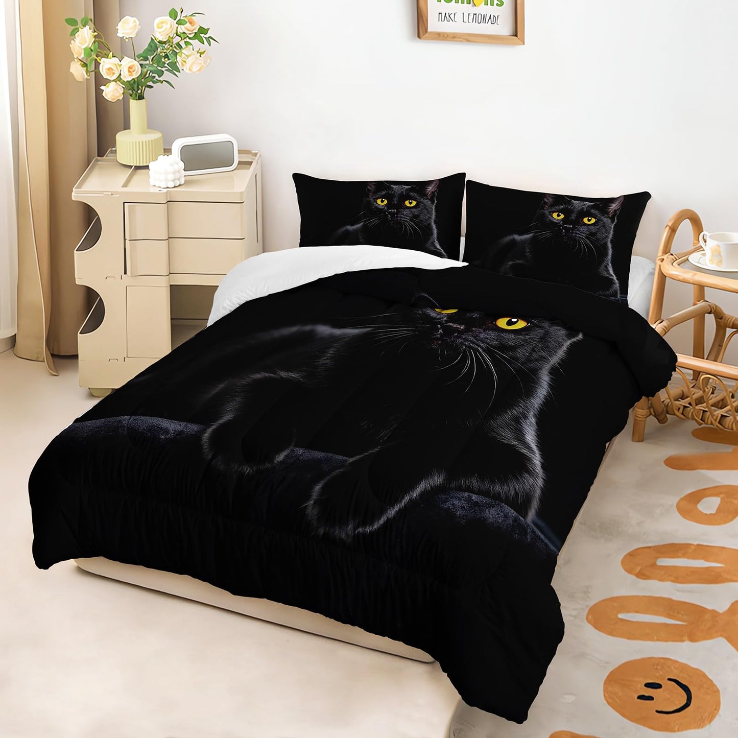 AILONEN 3D Cat Comforter Set Twin Size, Hidden Cat Bedding Set for Children, Black Theme Bed in a Bag, Soft Microfiber, 1 Quilt and 2 Pillowcases for All Season