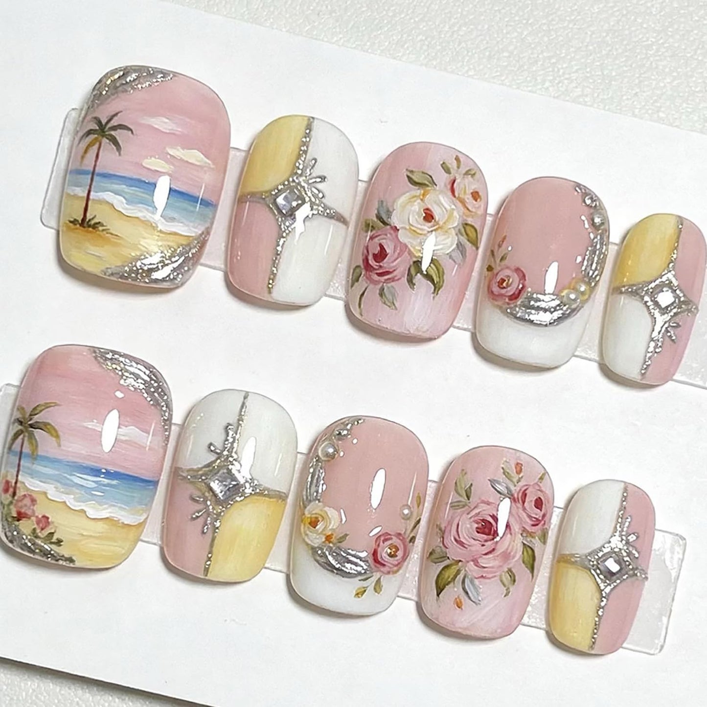 24Pcs Summer Beach Press on Nails Short Square White French Tip Fake Nails Coconut Trees Flower with Rhinestones Glitter Designs Full Cover Silver Chrome Stick on Nails Flowers False Nails for Women