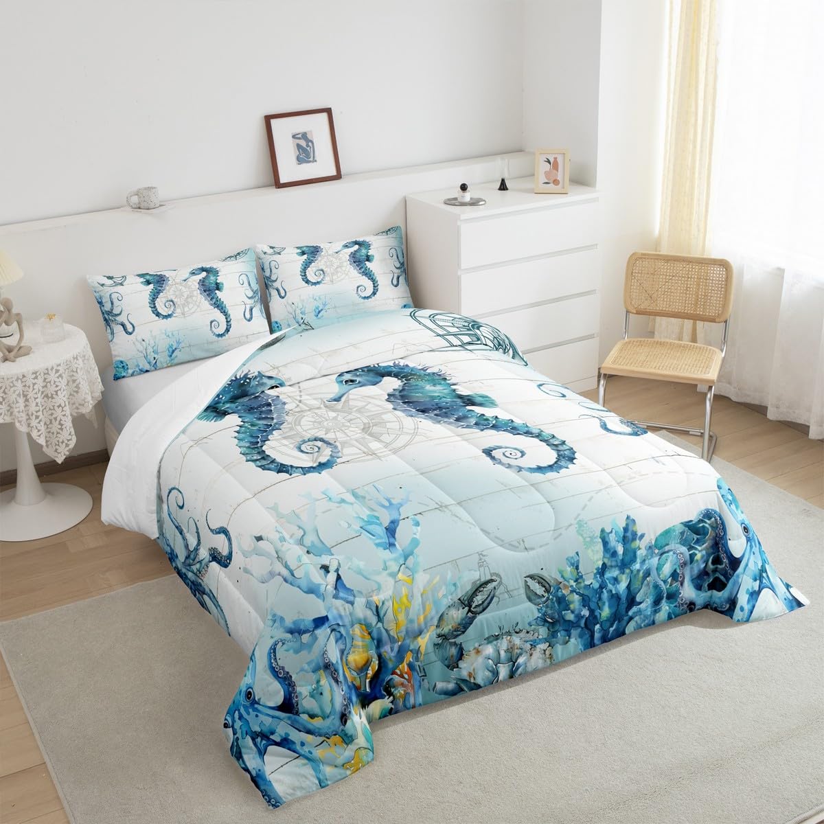 Manfei Hippocampus Comforter Set Twin Size, Sea Turtle Seahorse Octopus Quilt Set with 1 Pillowcase, Nautical Anchor Compass Bedding Set 2pcs for Kids Boy Girls Marine Life Duvet Insert
