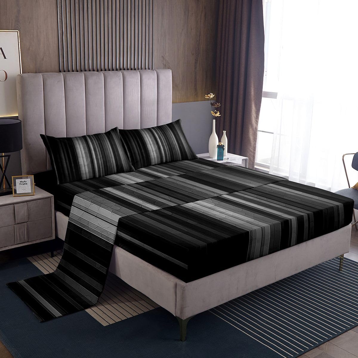 jejeloiu Modern Striped Bed Sheets Set Full Size Geometric Bed Set Black Gray Deep Pocket Fitted Sheet Gradien Breathable Soft Lightweight Microfiber