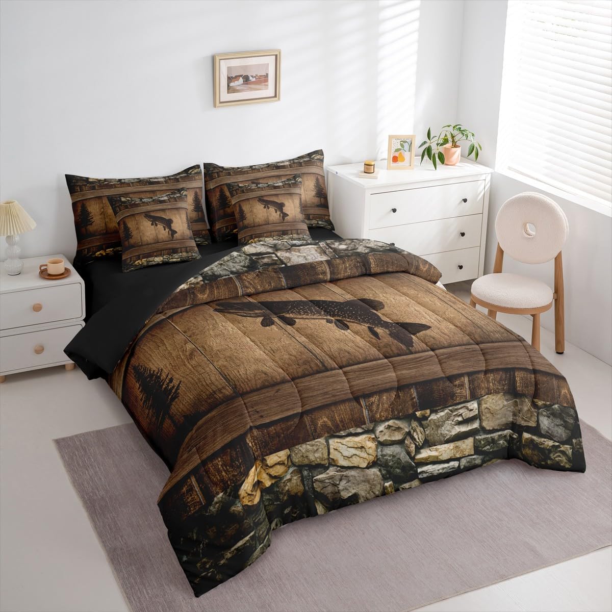 Erosebridal 7 Pieces Kids Camo Pike Fish Comforter Set for Teens Adults - Full Size Rustic Hunting and Fishing Bedding Set Country Farmhouse Cabin Bed in A Bag Rural Woodland Wild Animal Quilt Sets