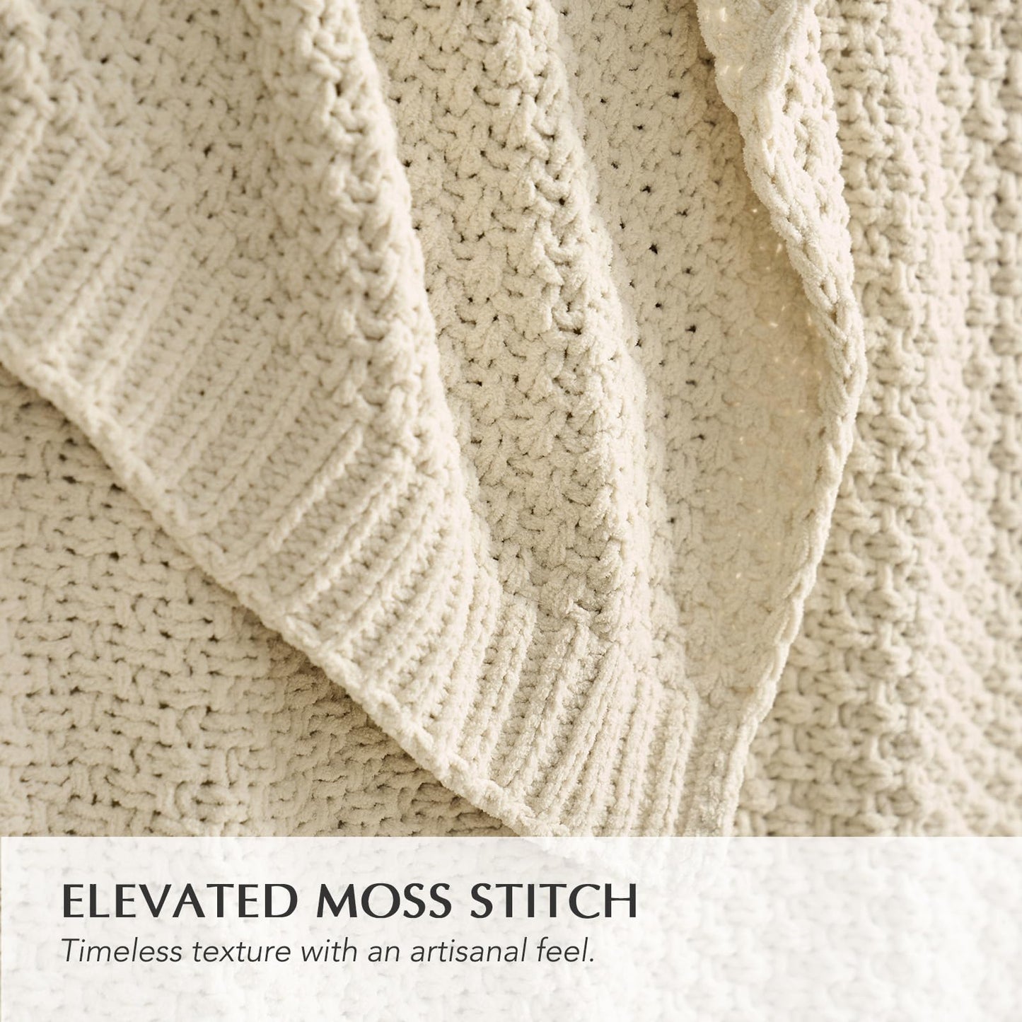 EVERGRACEHOME Chunky Chenille Knit Throw Blanket for Couch, Soft Luxurious Oversized Queen Moss Stitch Blanket for Bed, Cozy Farmhouse Knitted Throw for Sofa, Beige, 90" x 90"