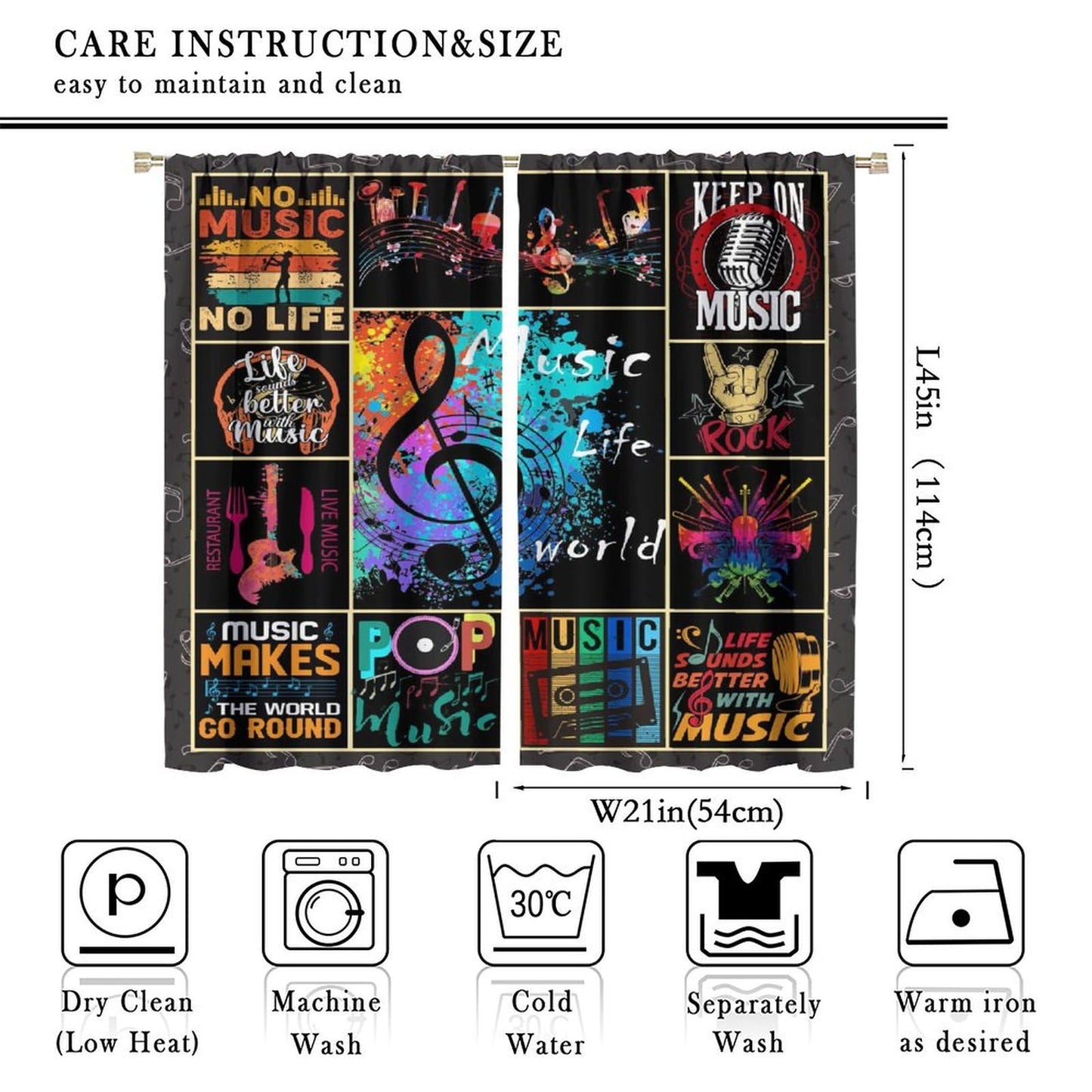 Music Note Curtains for Music Lovers,Rock and Roll Adults Kids Music Themed Art Window Treatments for Bedroom Living Room Musical Room Décor Drapes 2 Panels,Total Size 42" W x 45" H