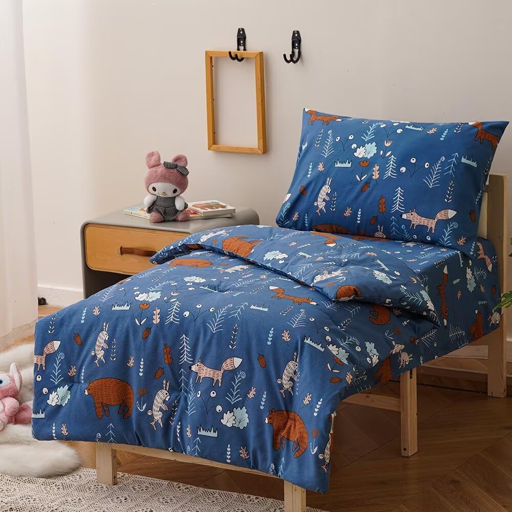 CLOTHKNOW 4Pieces Blue Toddler Bedding Sets for Boys Girls Animal Cartoon Comforter Sets Soft Crib Bed Set Including Comforter, Flat Sheet, Fitted Sheet and Pillowcase