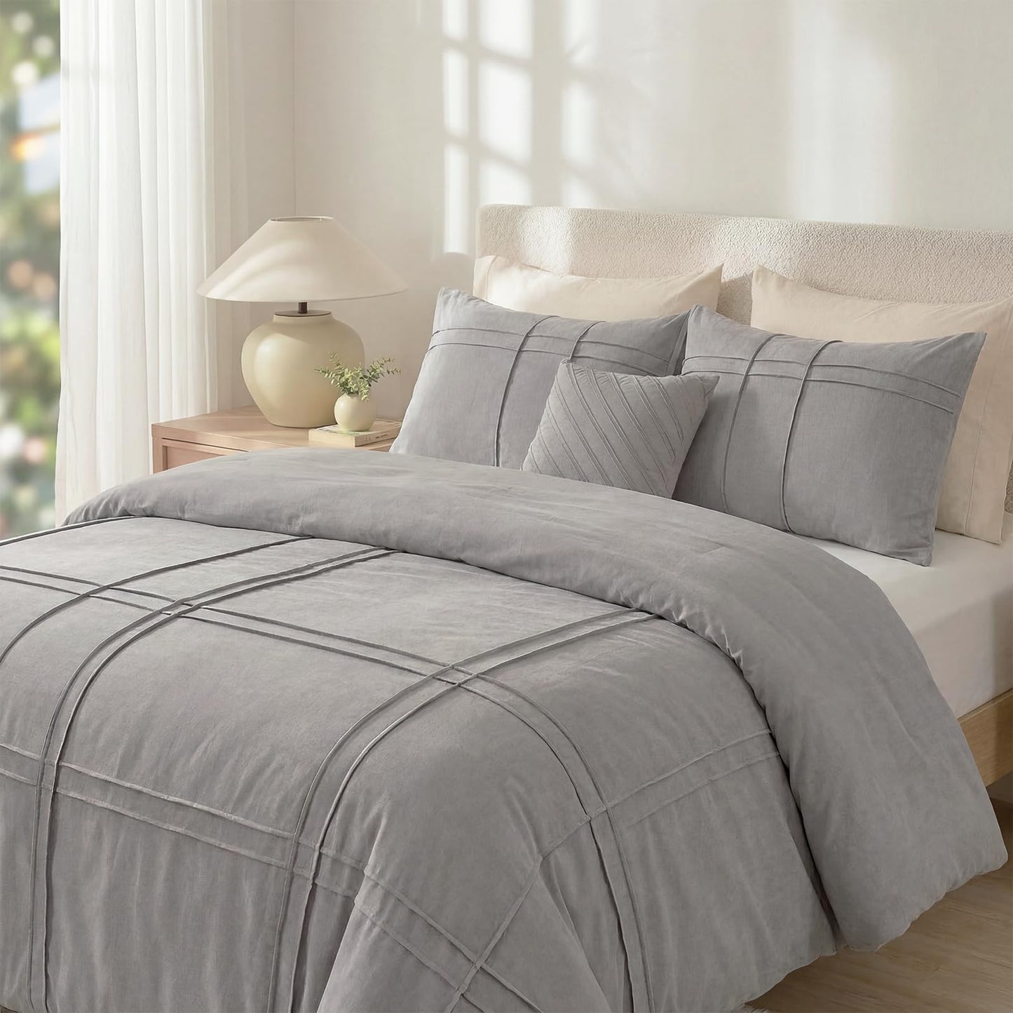 Cozaline 100% Cotton Beige Grey Queen Size Duvet Cover Set - 3 Pieces Pintuck Pleated Duvet Cover, Soft Breathable Duvet Cover with Zipper Closure, Modern Minimalist Bedding Set