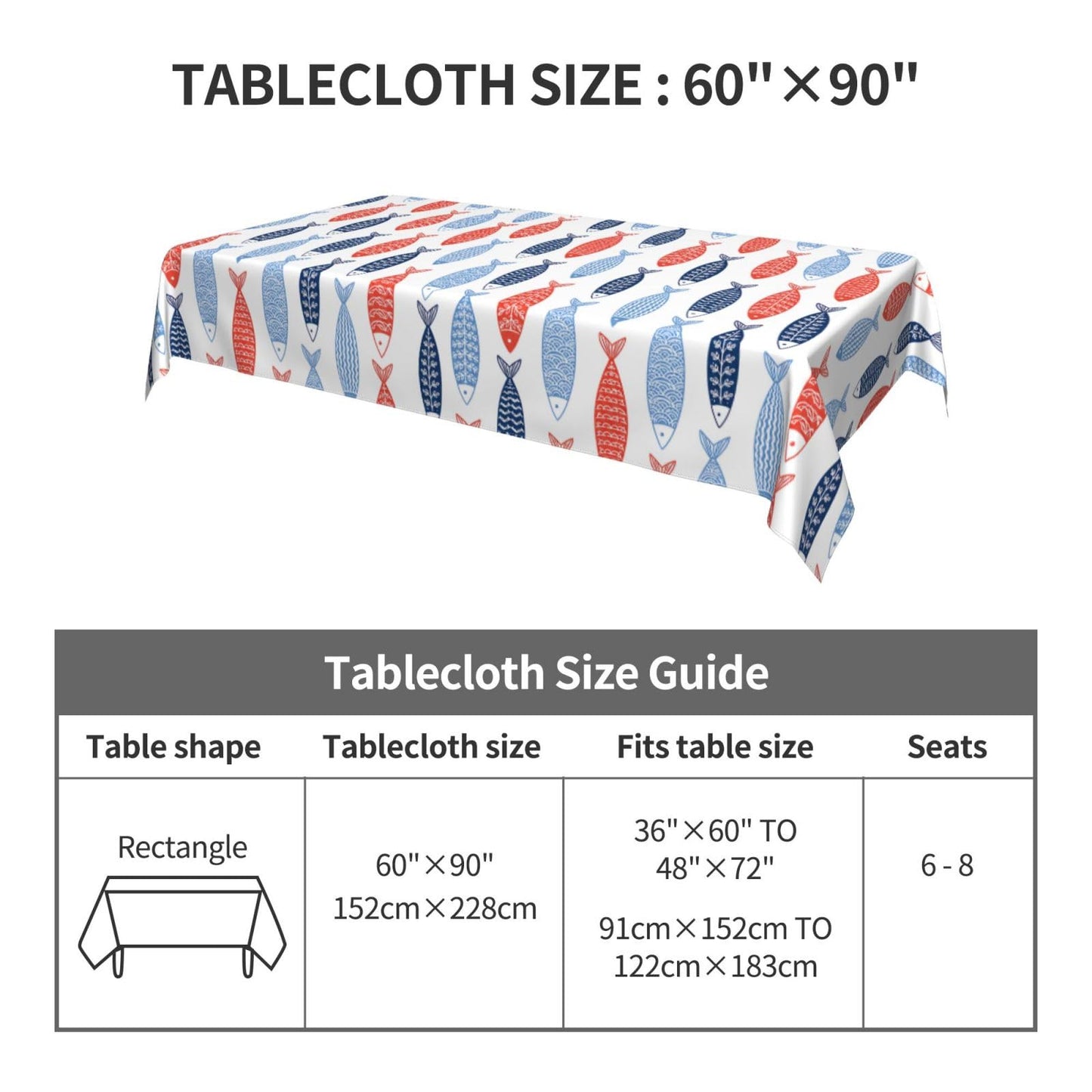 mutakin Fish Rectangle Tablecloth Washable Table Cloth 60x90 Inch Table Cover Waterproof for Decoration Kitchen Dining Room