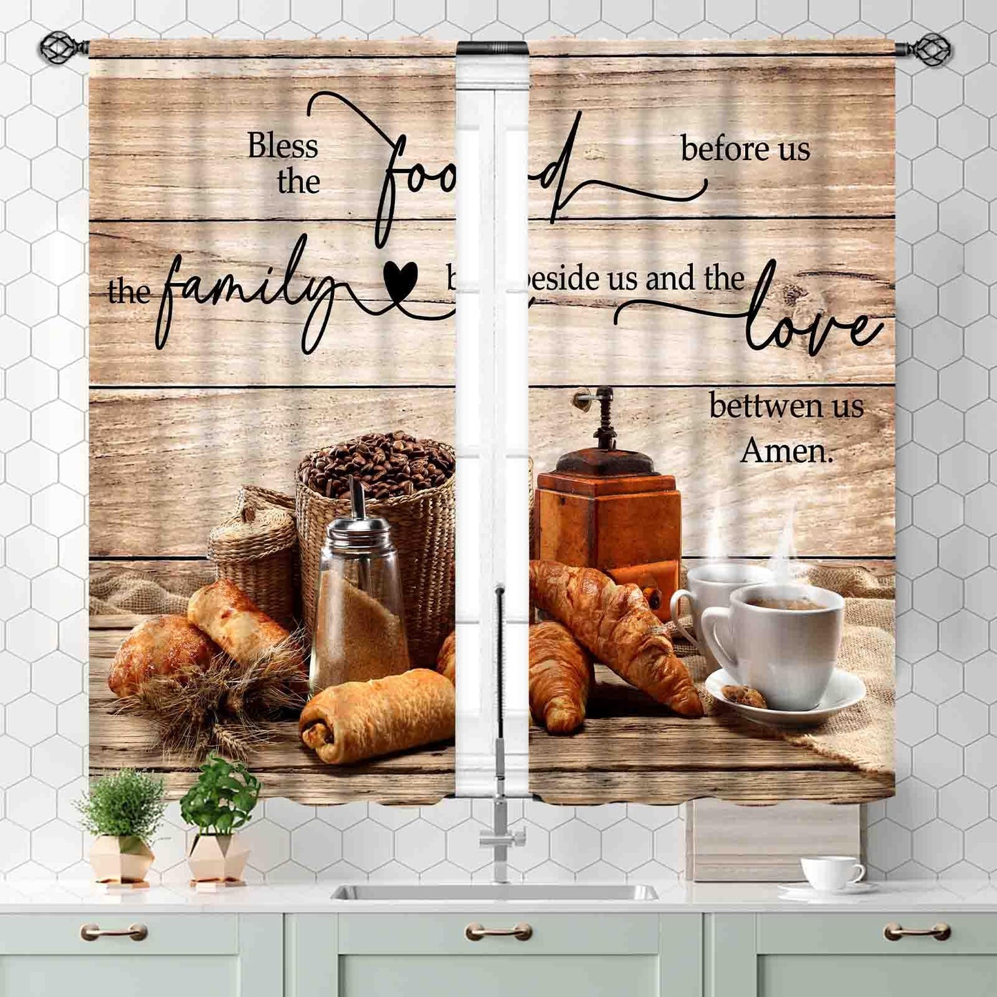 TKUYO Rustic Kitchen Curtains, Farmhouse Retro Coffee Time Latte Cafe Bread Wooden Plank Cottage Country Window Drapery Treatments for Dining Room Bedroom Living Room 2 Panels, 55x39 Inch