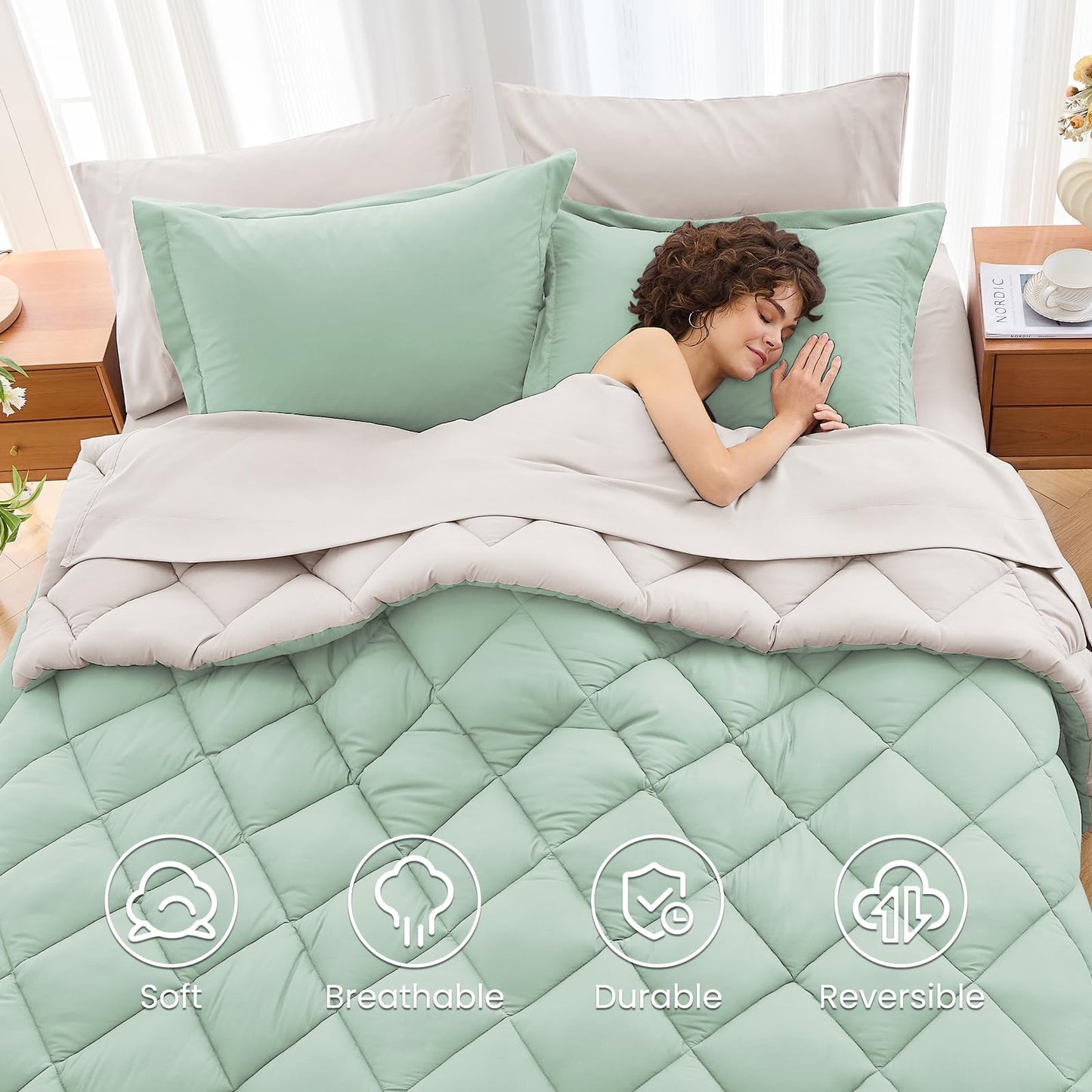MUXHOMO 7 Pieces California King Comforter Set, Reversible Bed in a Bag Cal King Size, All Season Bedding Set with Comforter, Flat Sheet, Fitted Sheet, Pillowcases & Shams, Sage Green & Beige