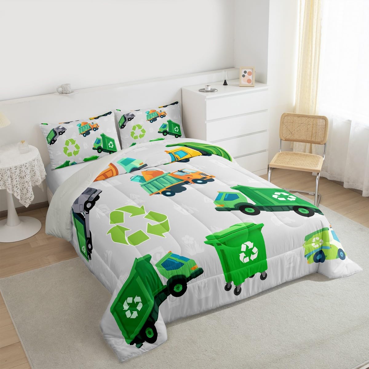 Feelyou Boys Green Garbage Truck Bedding Set - Cartoon Trash Truck Comforter Set for Kids Boys Girls Teens - Queen Size with 2 Pillow Case