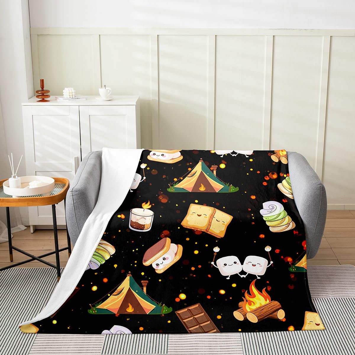 Feelyou Cute Marshmallow Plush Throw Blanket, 40"x50" Kids Cute S'Mores Cookie Flannel Fleece Blanket for Boys Teens Happy Camping All Season,Bed Blanket Outdoor Adventure Room Decor