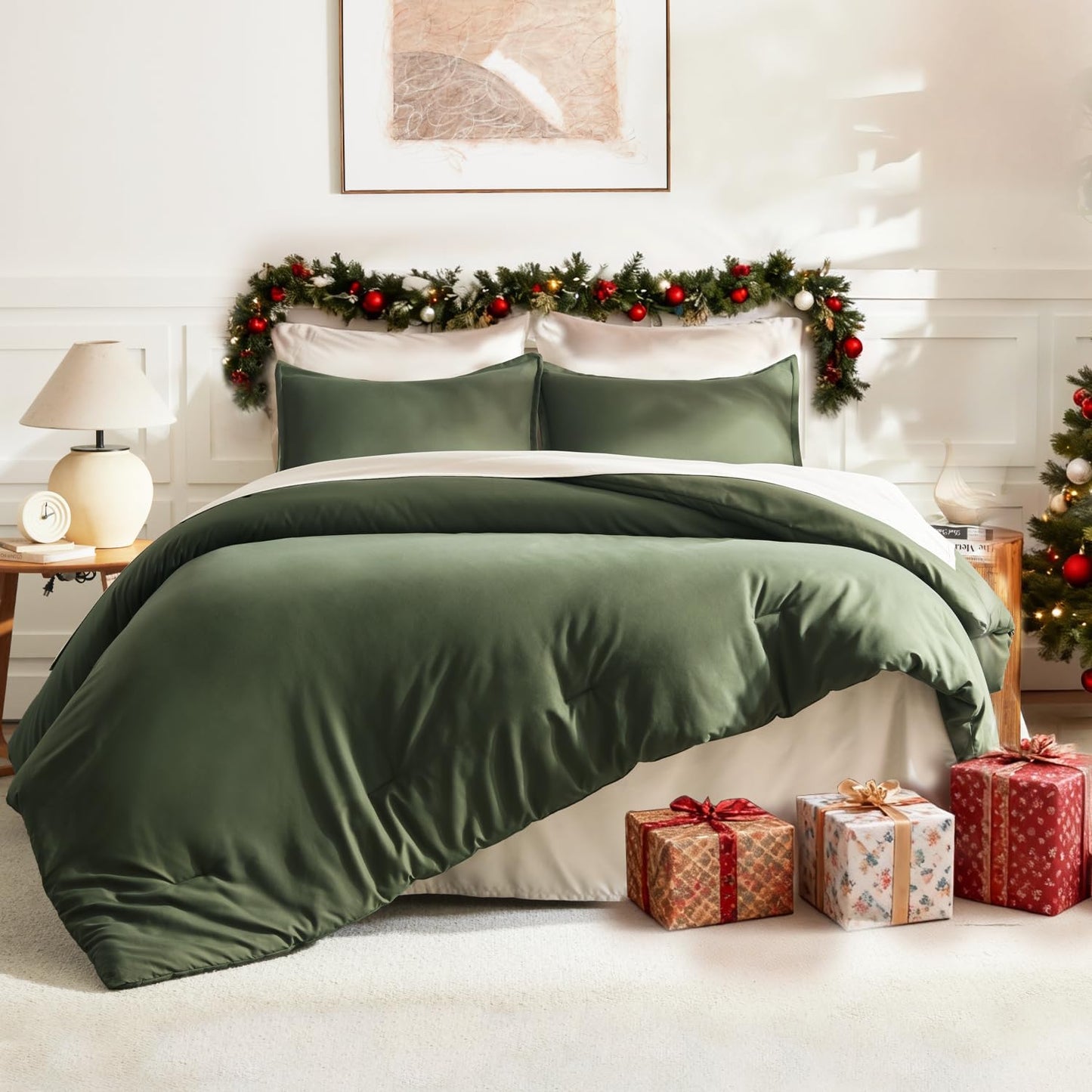 Litanika Dark Olive Green Comforter Set King, 3 Pieces Solid Bedding Comforter Set, All Season Fluffy Bed Set (104x90In Comforter & 2 Pillowcases)