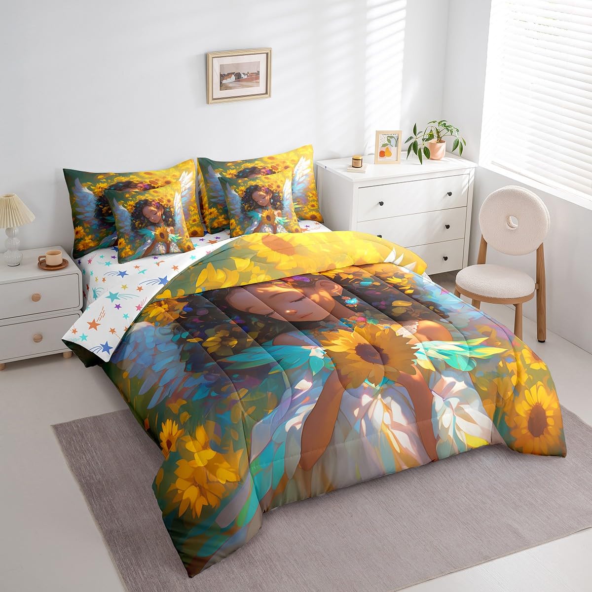 Castle Fairy Dreamy Angel Comforter Set 7 Pieces Twin Size,American Style Cute Girl Bedding Set for Kids,Spring Theme Sunflower (Comforter+Fitted+Flat Sheet+2 Pillowcases+2 Throw Pillow Covers)