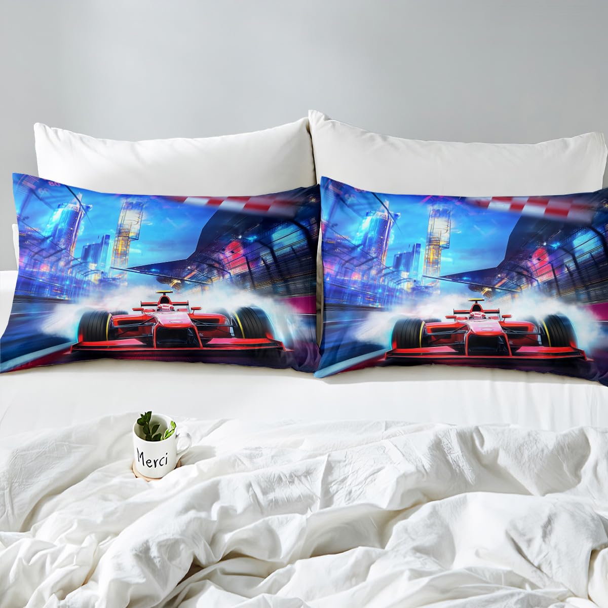 Erosebridal Racing Car Fitted Sheet Racer Bedding Set Extreme Speed Race Bed Cover for Kids Teen Boys Young Man Red Vehicle Bedclothes with 1 Pillow Case Bedroom Decor Twin Size