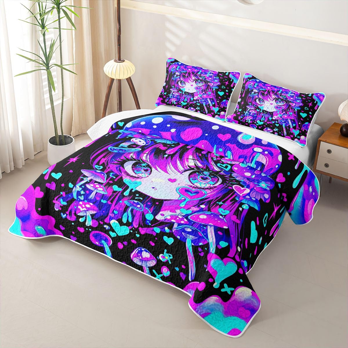 Erosebridal Kawaii Japanese Girl Quilt Twin Size - Anime Girl Bedspread Fantasy Mushrooms Bed Coverlet with 1 Pillowcase