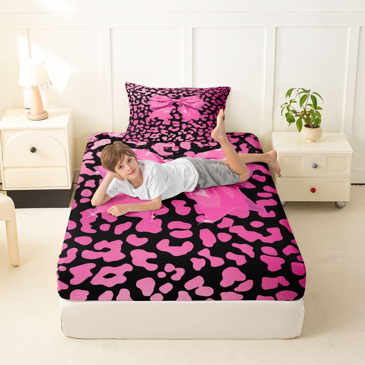 jejeloiu Pink Bowknot Fitted Sheet with 1 Pillowcase Twin Size Cute Leopard Bow Bed Sheets Set 16" Deep Pocket Boys Girls Glitter Bow Bedding Teens Bedroom Decor Breathable Soft Lightweight Microfiber