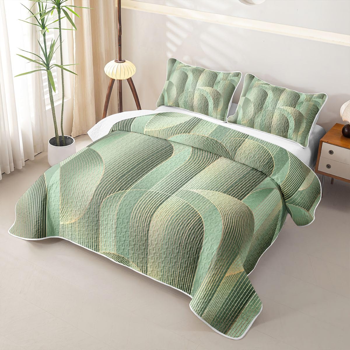 Erosebridal Geometric Quilted Bedspreadd Set Twin Ombre Boho Coverlet Set Modern Abstract Texture Bed Set Light Green Bedding Set