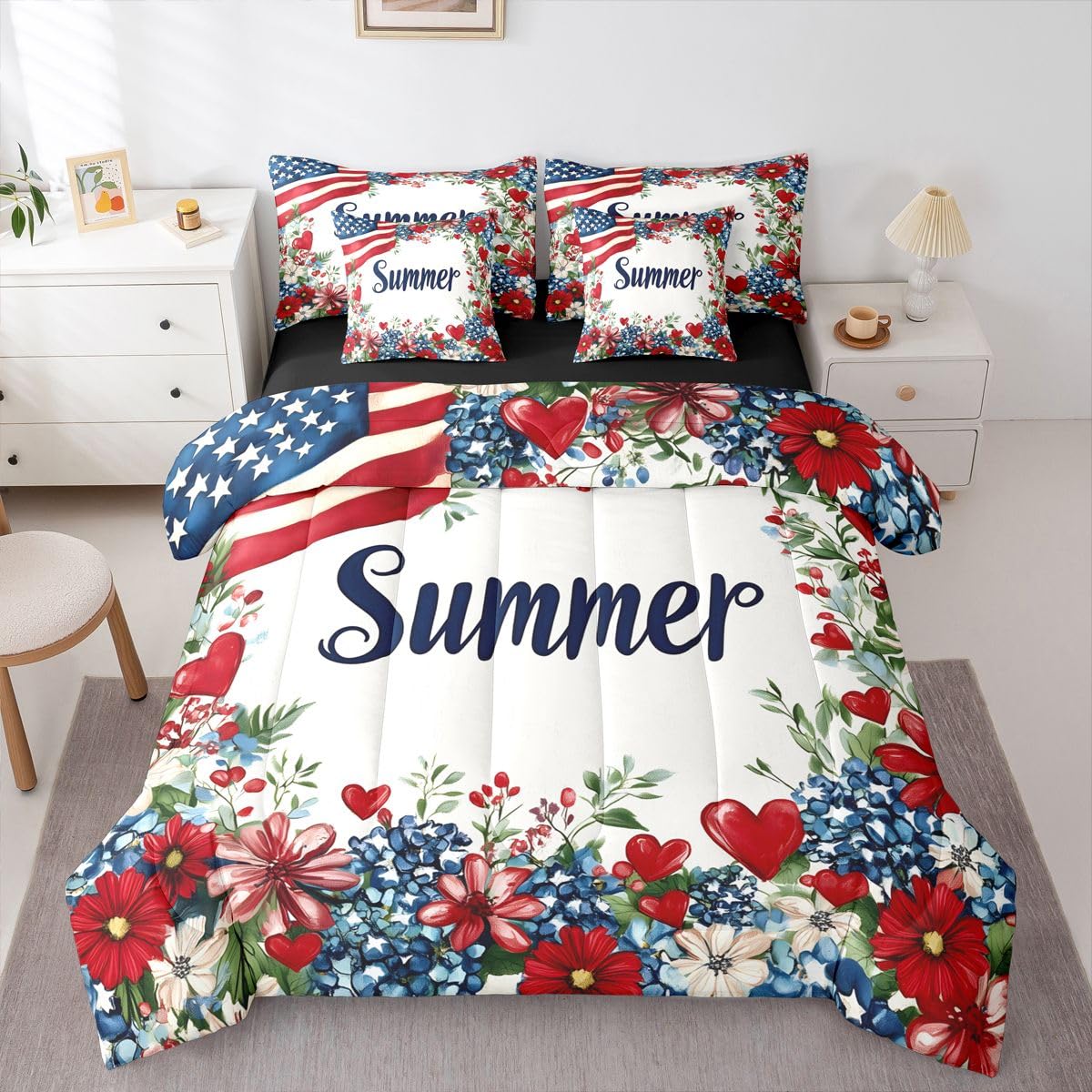Erosebridal American Flag Queen Bedding Set Patriotic Floral Comforter Set with Flat and Fitted Sheet Kids Adults Summer Flower & Heart 7-Piece Bed in a Bag Fourth of July Art Quilt Sets