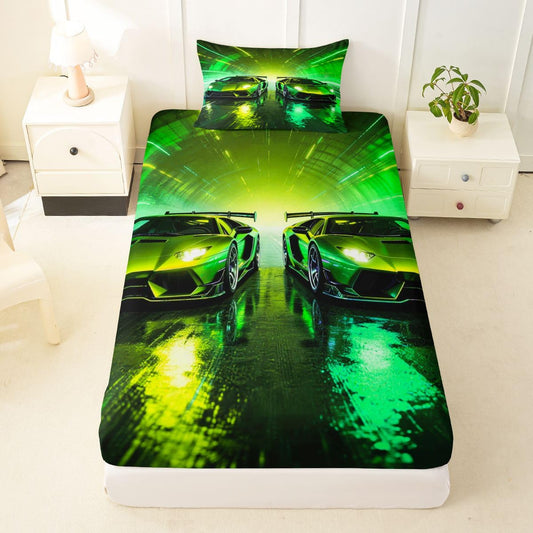 Feelyou Green Racing Car Fitted Sheet with 1 Pillowcase Twin Size Boys Sports Car Bed Sheets Set 16" Deep Pocket Boys Girls Speed Sports Bedding Teens Bedroom Decor Breathable Soft Lightweight