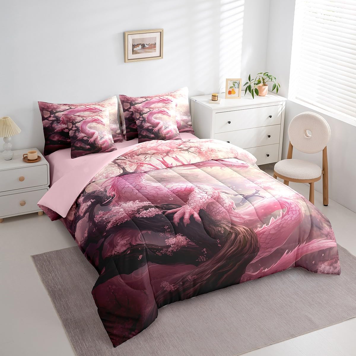 7 Pieces Pink Cherry Flower Comforter Set Queen,Dragon Blossom Bed Set for Kids Boys Girls,Wild Animal Plant Bedding(1 Comforter,1 Fitted Sheet,1 Flat Sheet,2 Pillowcases,2 Throw Pillow Cover)