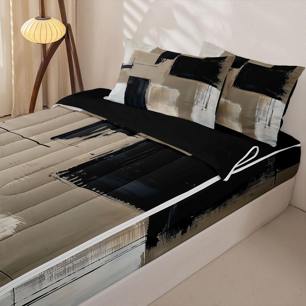 jejeloiu Abstract Twin Zipper Bedding Set Modern Art Kids Comforter Set with Fitted Sheet and 2 Pillowcases Black and Brown Bed in a Bag Zip Up Bedding Soft Microfiber