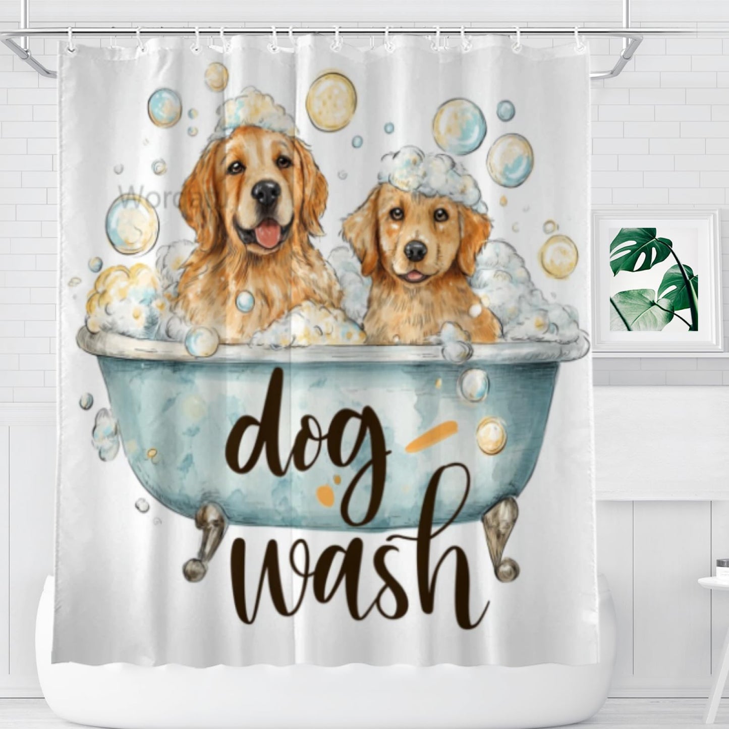 Wordatu Golden Retriever Cartoon Shower Curtain Playful Dogs in a Bathtub Pets Cloth Fabric Bathroom Decor Set with 12 Hooks 72x72 Inch