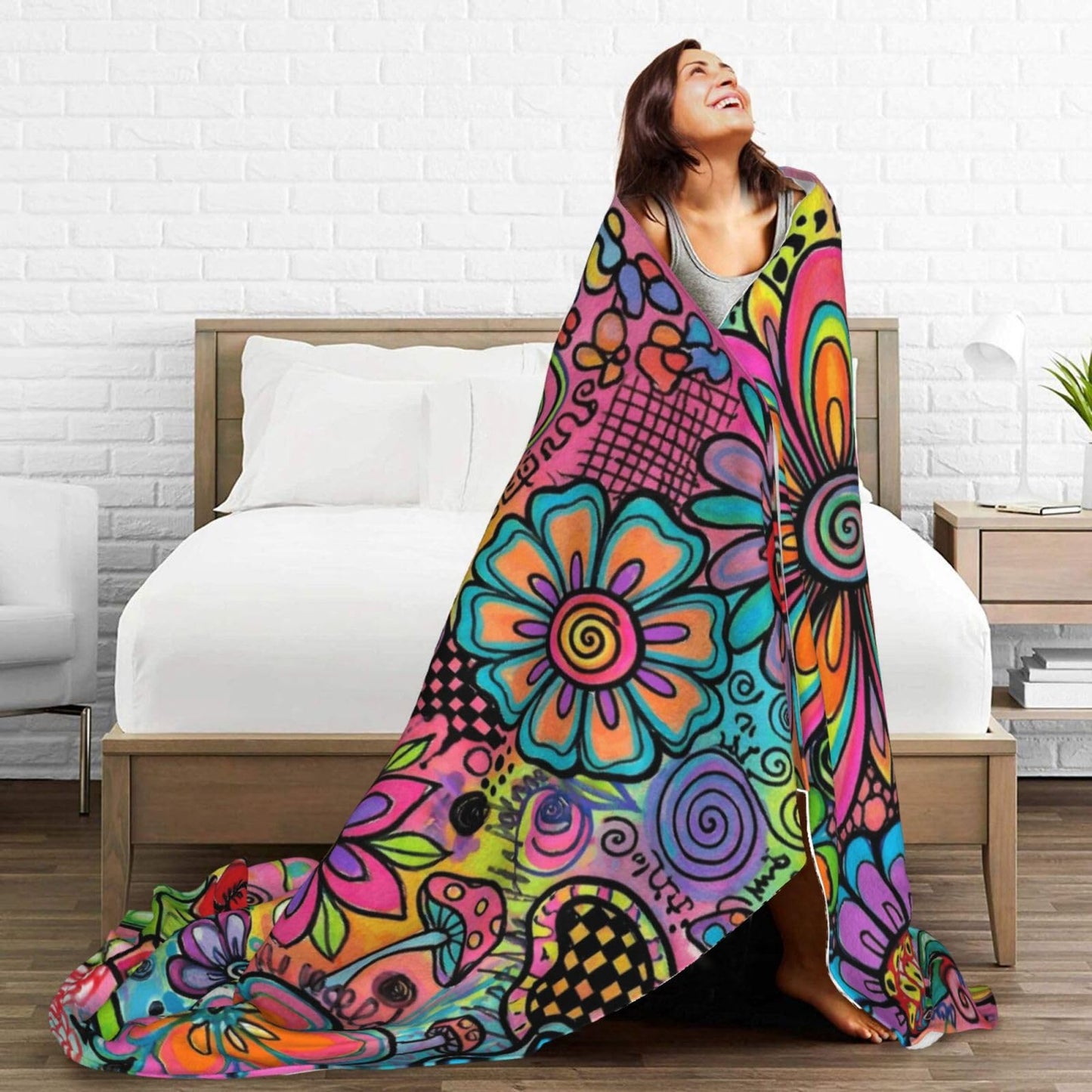 Gbuzozie Hippie Art Flowers Doodle Fleece Blanket Lightweight Ultra-Soft Throw Blanket for Sofa Couch Bed Camping Travel - Super Soft Cozy Microfiber Blanket 50"X40"