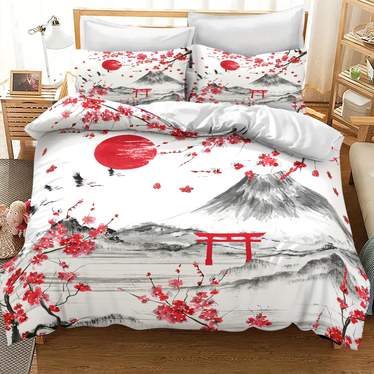 Lnepty Japanese Bedding Set,Retro Orient Traditional Ink Painting Black Cat Red Cherry Blossom Floral Natural Landscape Asian Comforter Set with Pillowcase for Bedroom Bed Decor,Twin 86"x70"