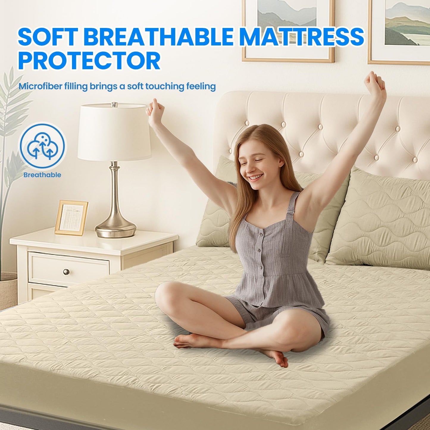 Waterproof Mattress Protector,Full Mattress Protector Fitted Up to 16" Deep Pocket, Soft Breathable Bed Mattress Cover for Bedroom,Doom Room Machine Washable,(Khaki)