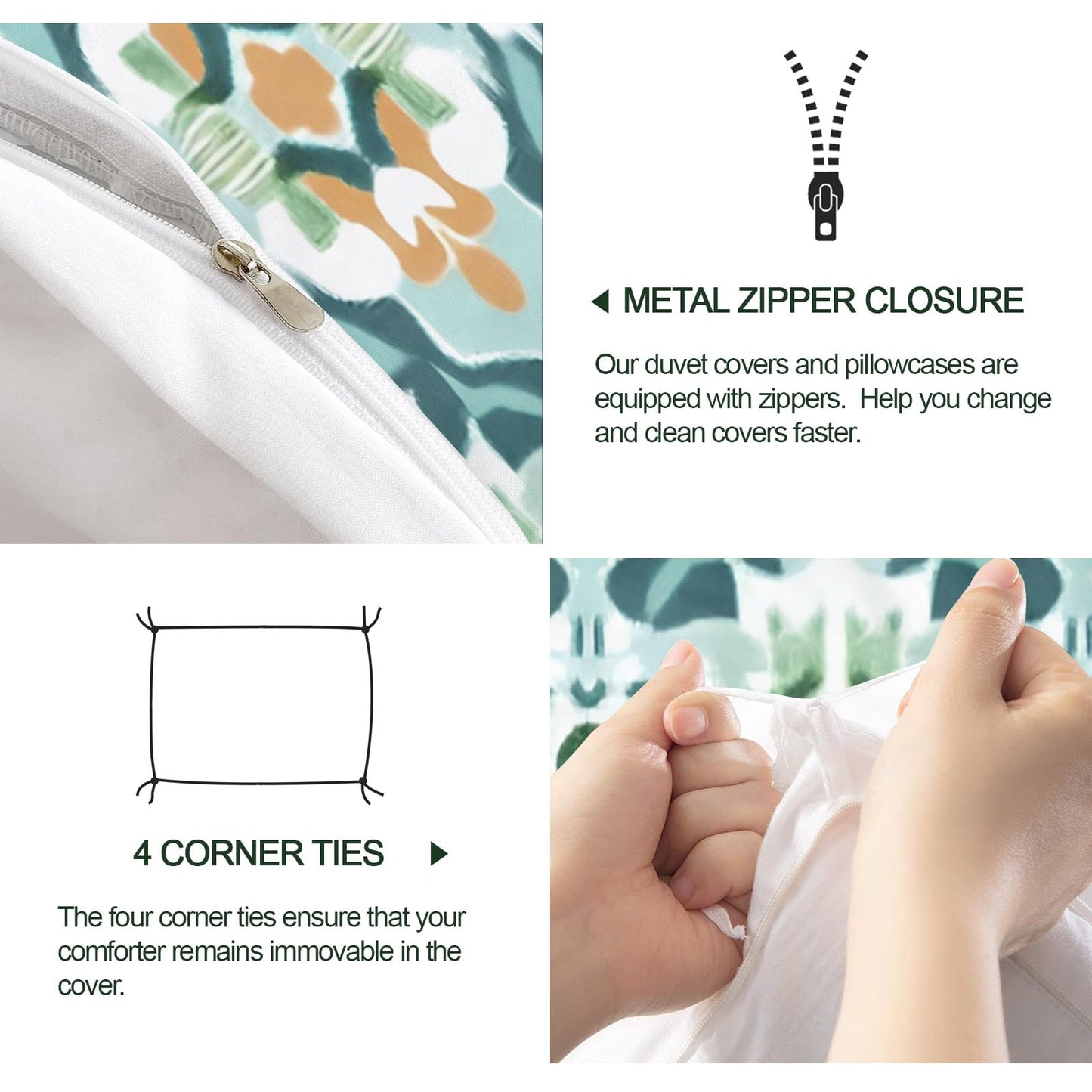 ZAMODE Southwestern Duvet Cover 120" x 98", Vintage Teal Flower Bedding Set, Mid Century Modern Comforter Cover with Zipper Ties
