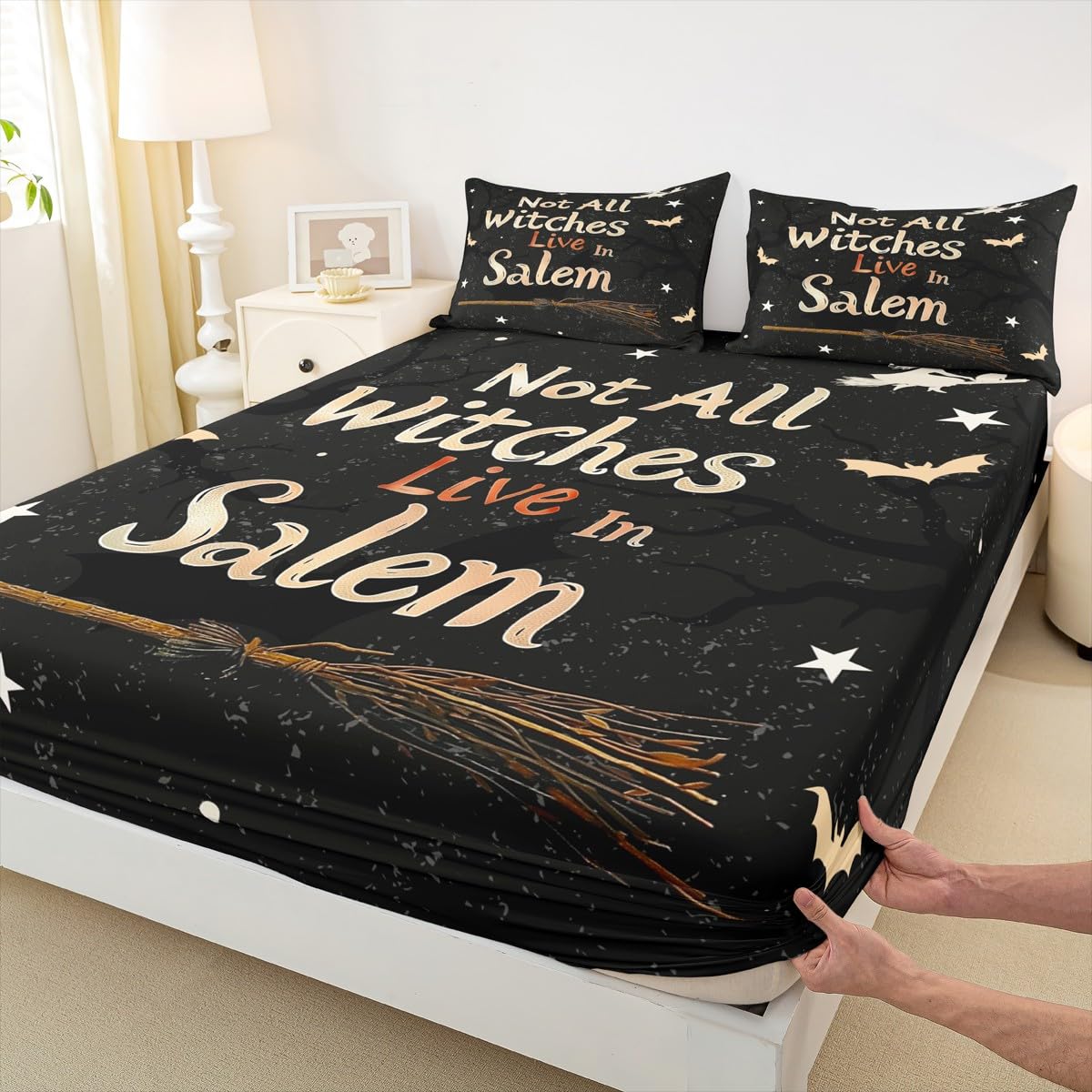 Feelyou Halloween Decor Fitted Sheet with 2 Pillowcases Full Size Witch Bed Sheets Set 16" Deep Pocket Boys Girls Magic Broom Bedding Happy Halloween Teens Bedroom Decor Breathable Soft