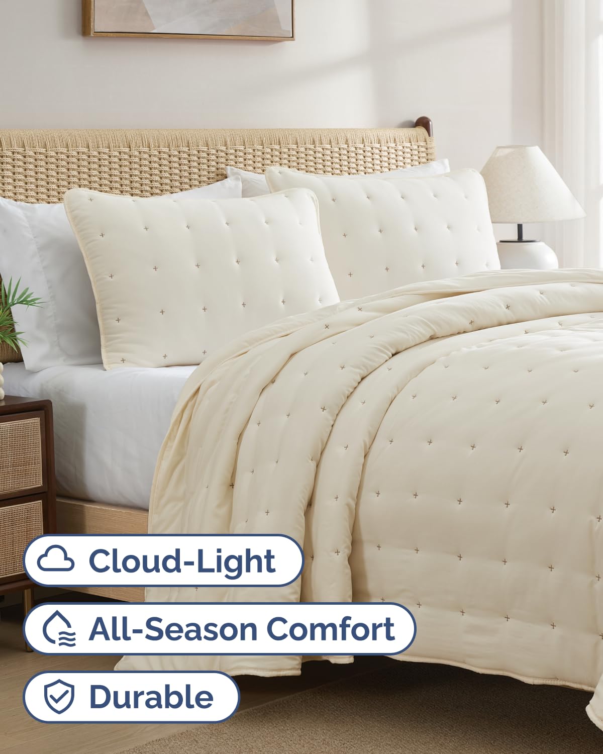 Quilts Queen Size - Bedspread for Queen Size - Lightweight Comforter Set - Quilt Bedding Set for All-Seasons - Ultra Soft, Breathable & Comfy - Summer Coverlet with 2 Pillow Shams - 90" x 96", Cream