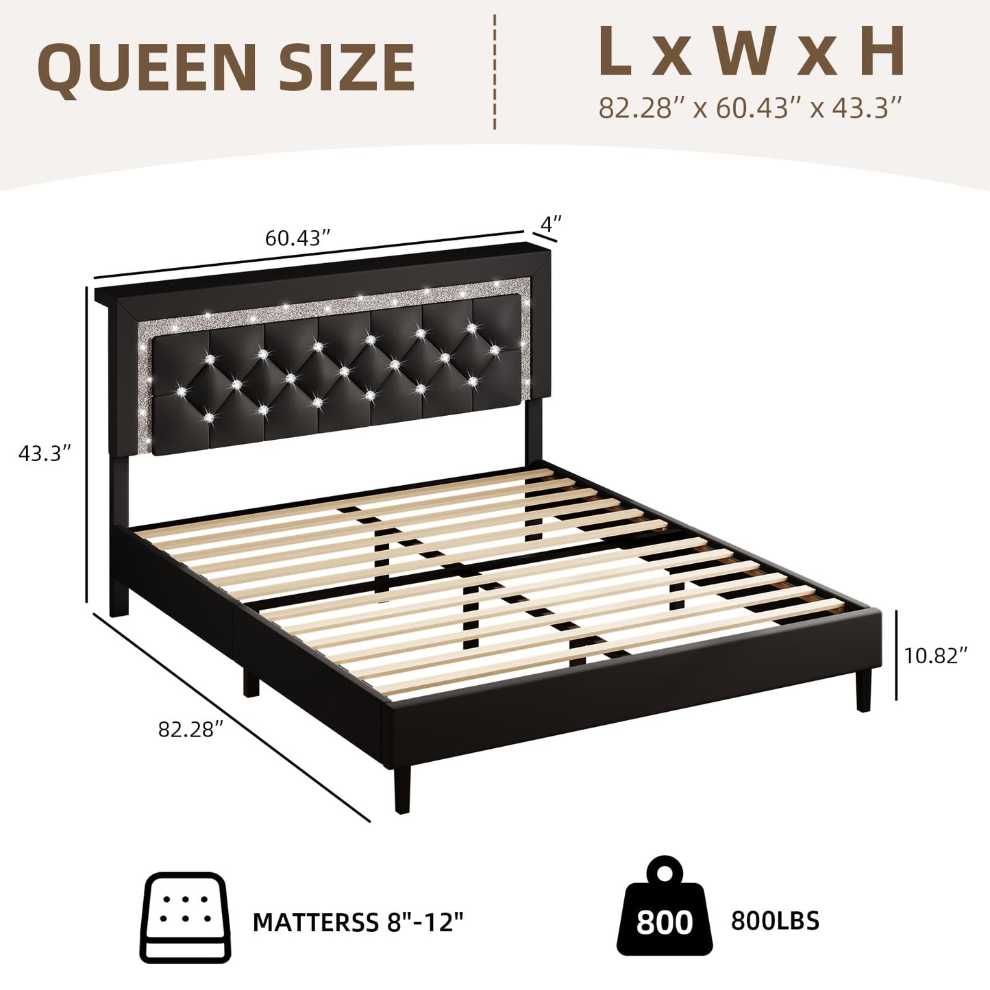 BarnFurin Queen Bed Frame with Storage Headboard, Bed Frame Queen Size with Diamond Tufted Headboard and LED Lights, Wooden Slats Support, Noise Free, No Box Spring Needed, Easy Assembly, Black