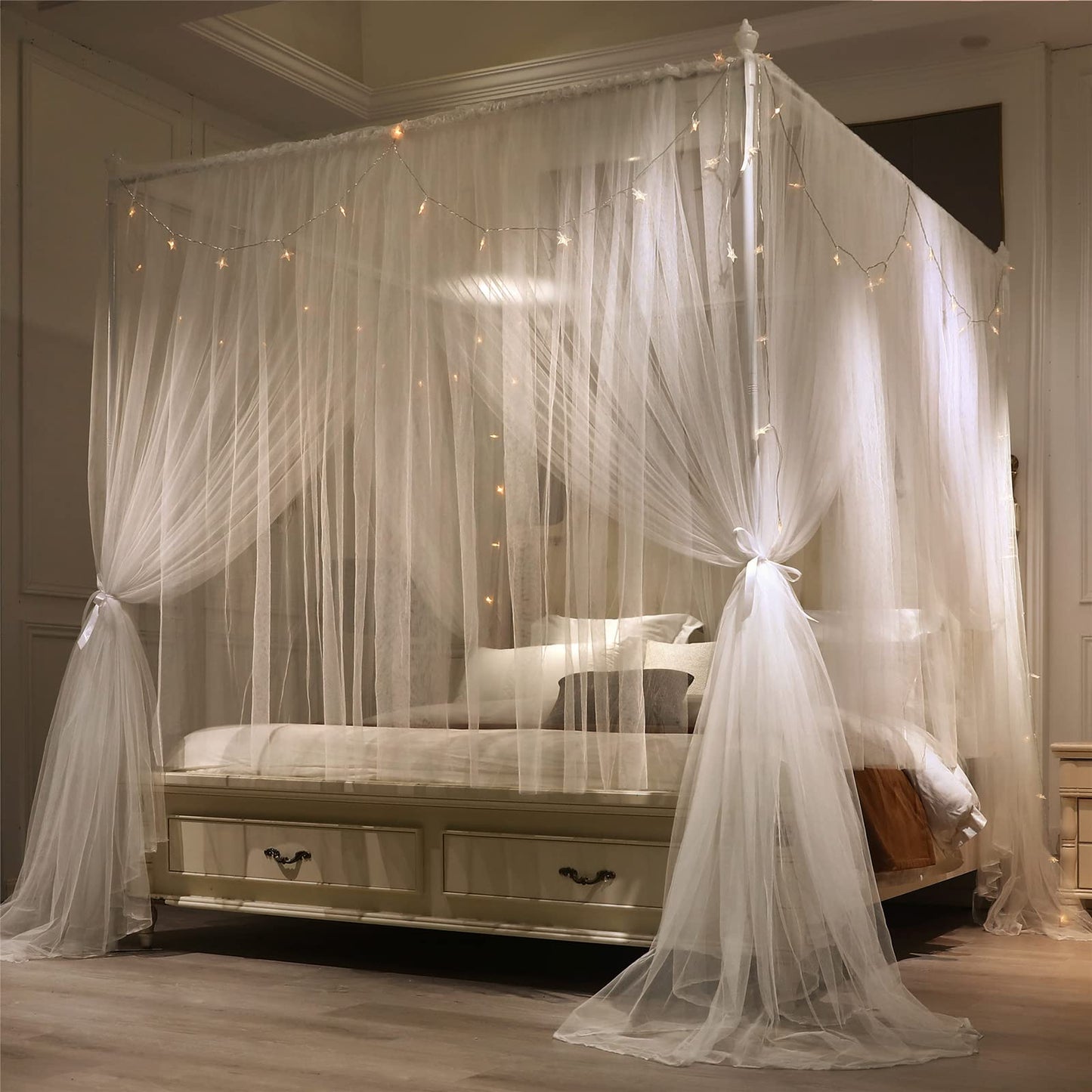 VETHIN 4 Corners Post Princess Bed Canopy Curtain Double Layer Cozy Drape Netting 4 Opening Mosquito Net for Girls & Adults Bedroom Decoration Accessories (Double White, 47" W*78" L*82"*H/Twin)