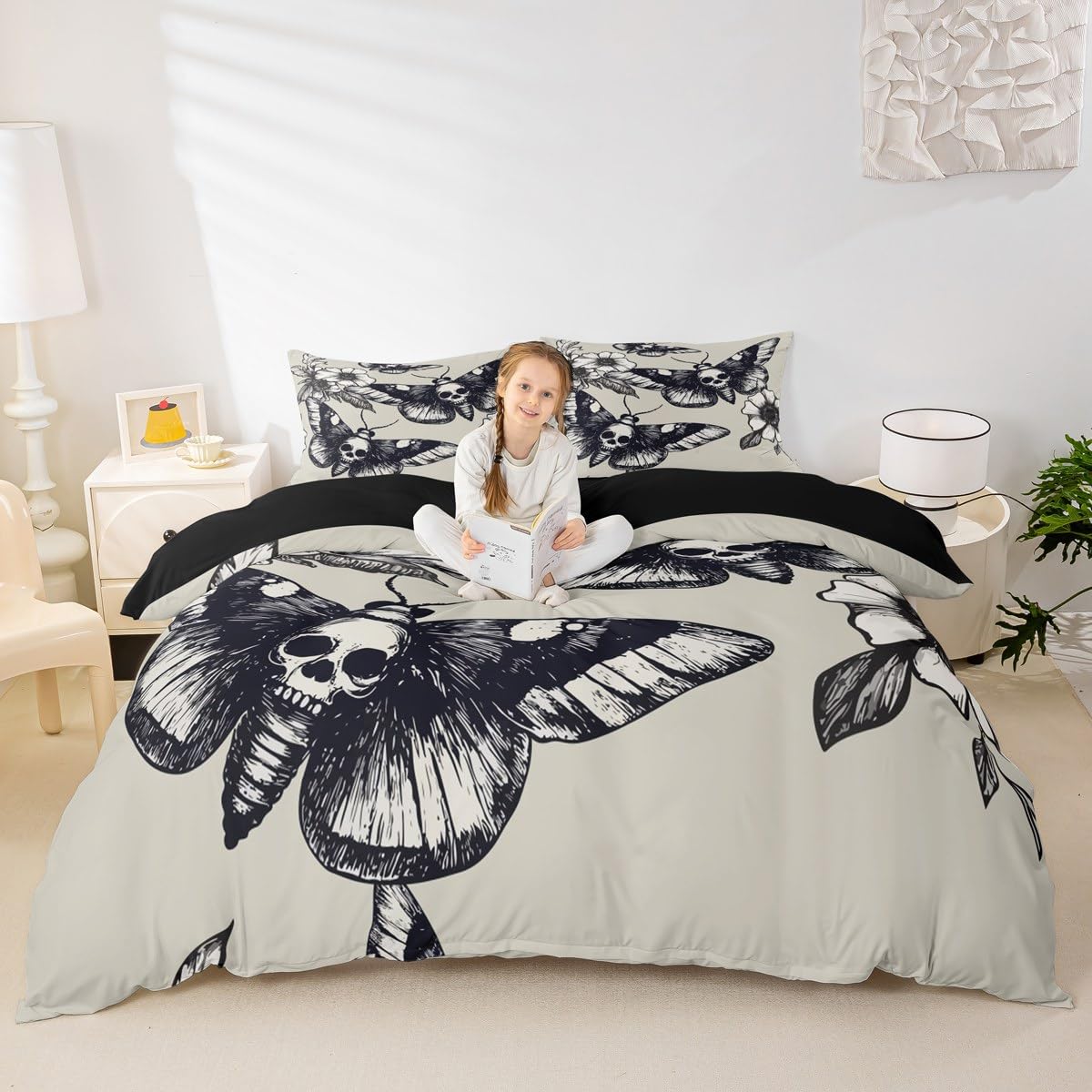 Skull Comforter Cover Set King Size Moth Printed Gothic Style Duvet Cover For Teen Boys Kids Sugar Skull Pattern Botanical Floral Decor Gray White Black Soft Microfiber Bedding Set With Zipper Ties
