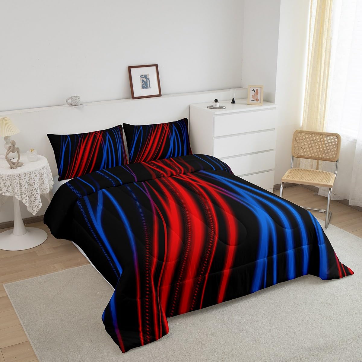 Feelyou Red Blue Stripes Comforter Full Size Ombre Red Blue Black Reversible Comforter Set for Boys Girls Children Abstract Bedding Set Room Decor Modern Art Duvet Set 3Pcs