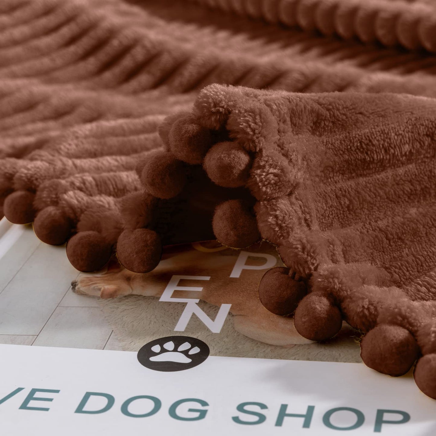 DISSA Fleece Blanket Throw Size – 51x63, Caramel – Soft, Plush, Fluffy, Fuzzy, Warm, Cozy – Perfect Throw for Couch, Bed, Sofa - with Pompom Fringe - Flannel Blanket Throw Blanket