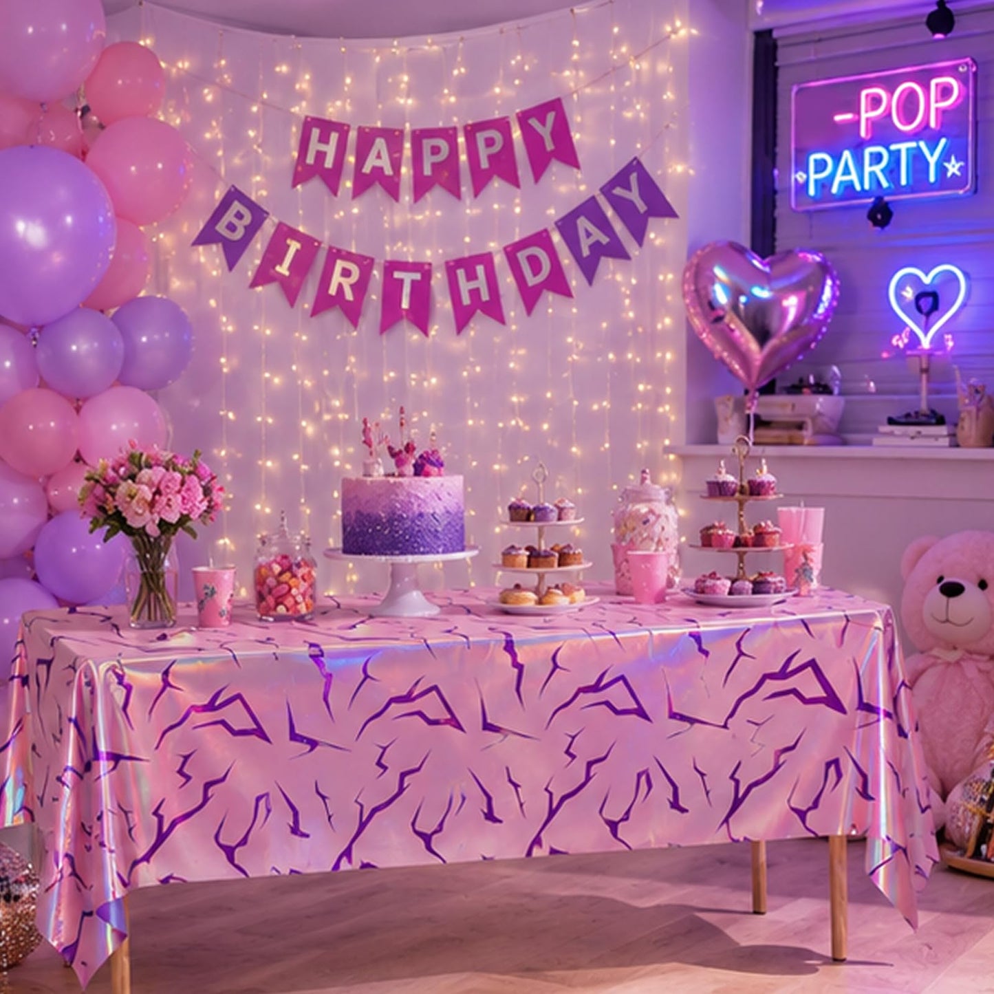 WPDISCZ 3PCS Magical Music Party Tablecloths - Demon Decorations,Pink Purple Lightning Pattern Disposable Plastic Table Covers 54x108 Inch for Korean Anime Themed Party Supplies