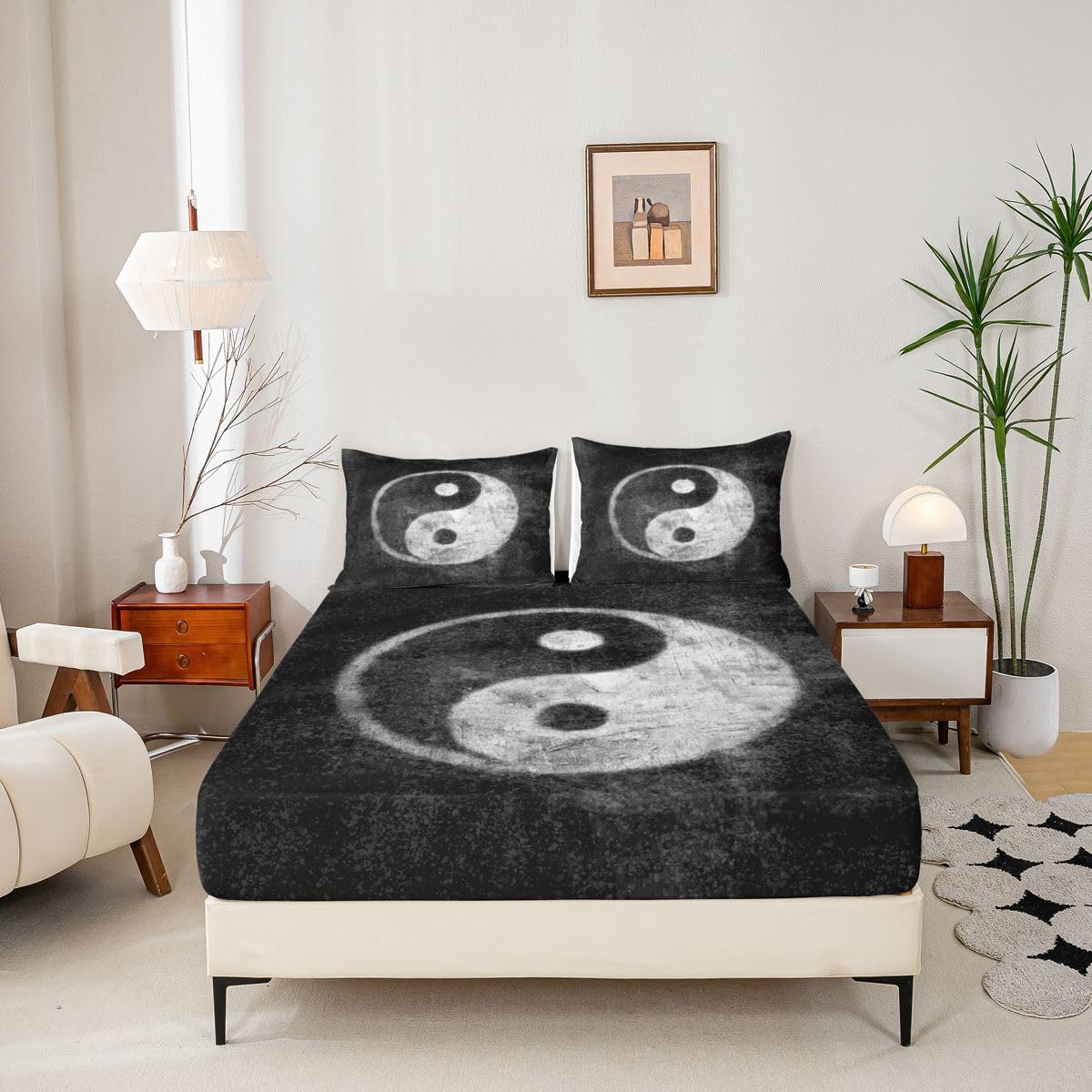 Yin Yang Bedding Set for Girls Boys Children Boho Trippy Psychedelic Art Fitted Sheet Decorative Gossip Pattern Bed Sheet Set Traditional Ying Yang Theme Bed Cover No Flat Sheet Twin Size 2Pcs