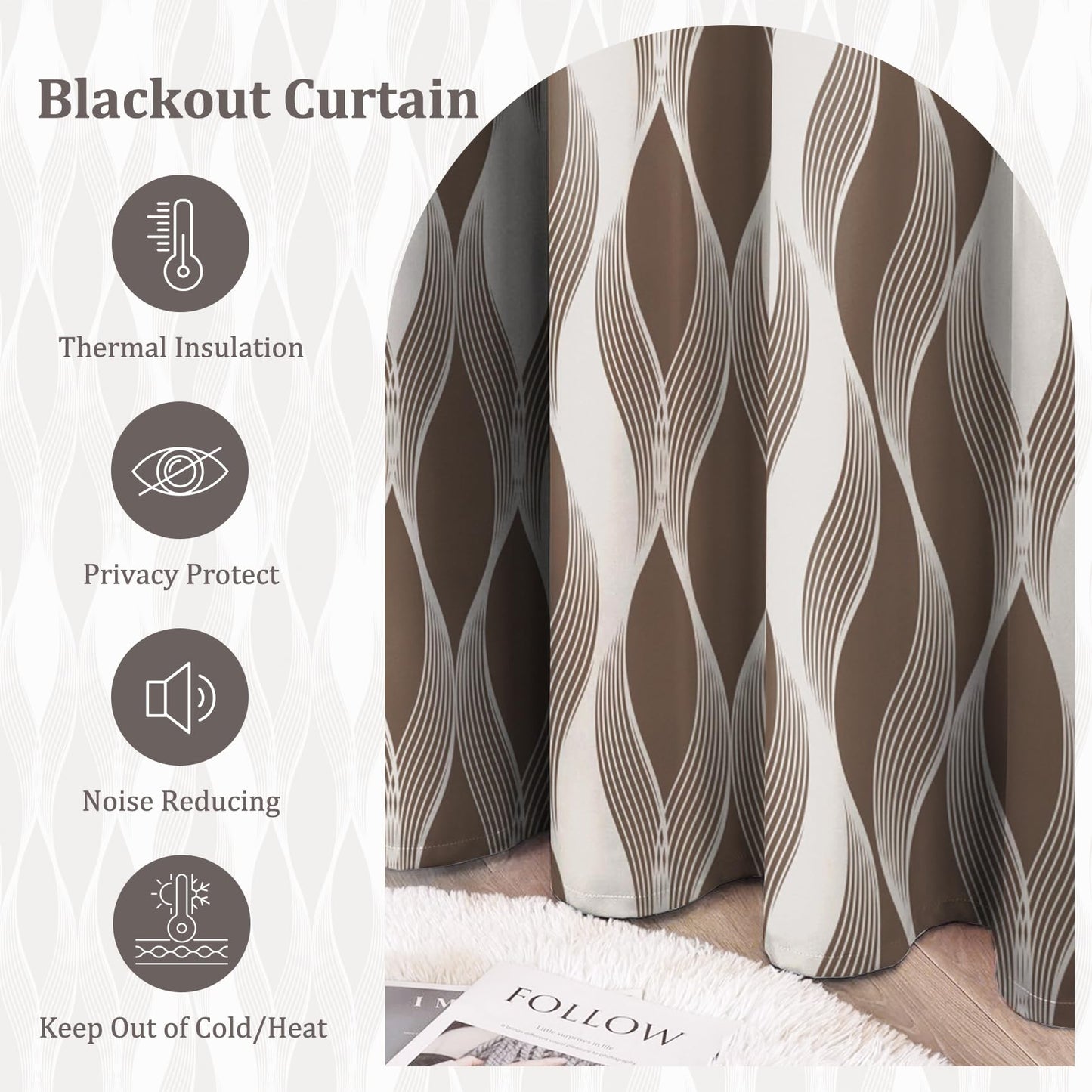 Yanutan Brown Stripe Blackout Curtains for Bedroom/Living Room,Brown Modern 2 Panels Sets Blackout Window Curtain,Minimalist Modern Ombre Thermal Insulated Printed Curtains with Grommet,42" Wx84 L