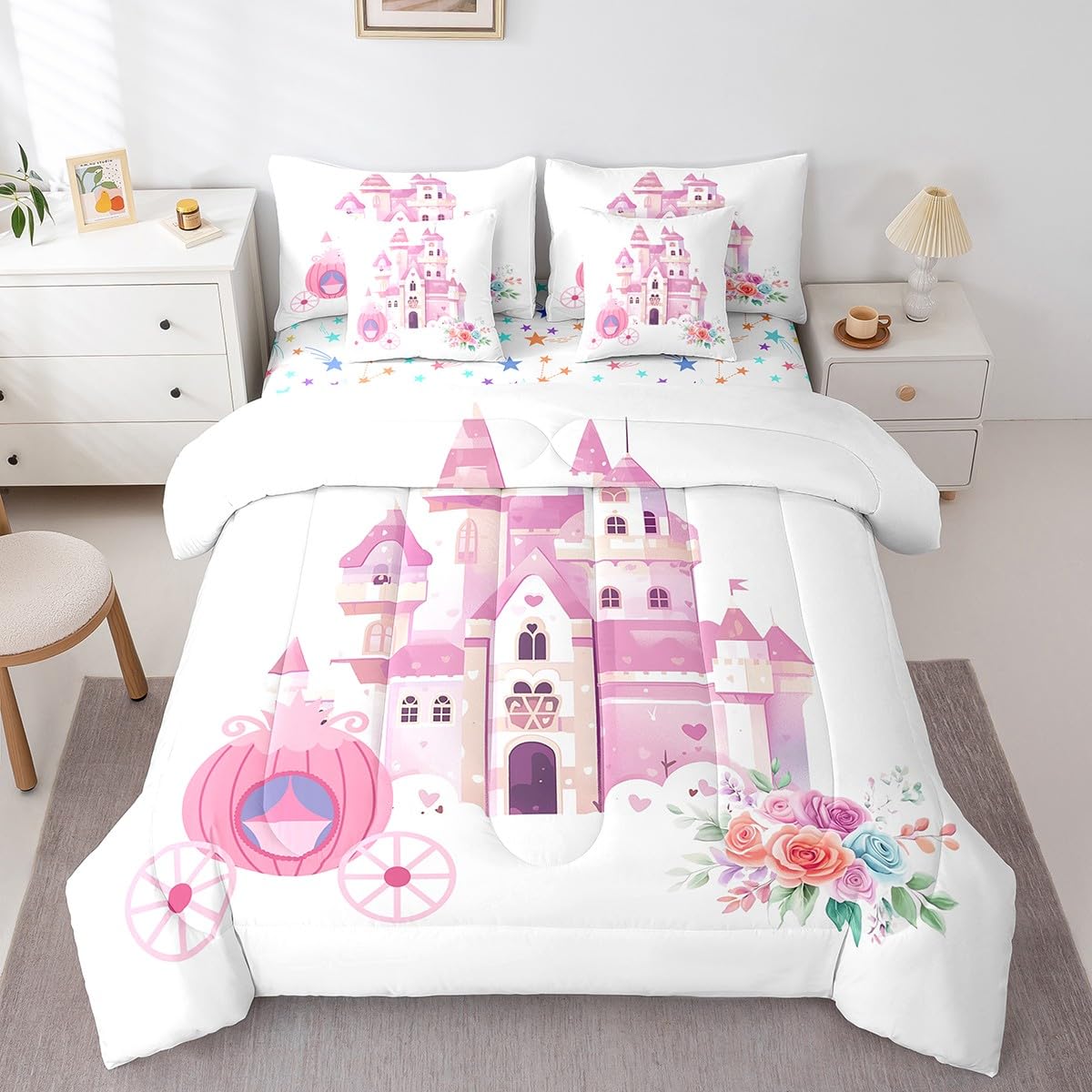 jejeloiu Pink Castle Comforter Set with Sheets Queen Size Kids Carriage 7 Pieces Bedding Set for Boys Girls Teens Dreamy Princess Decor Bed in a Bag Breathable Magic Bedroom Decor