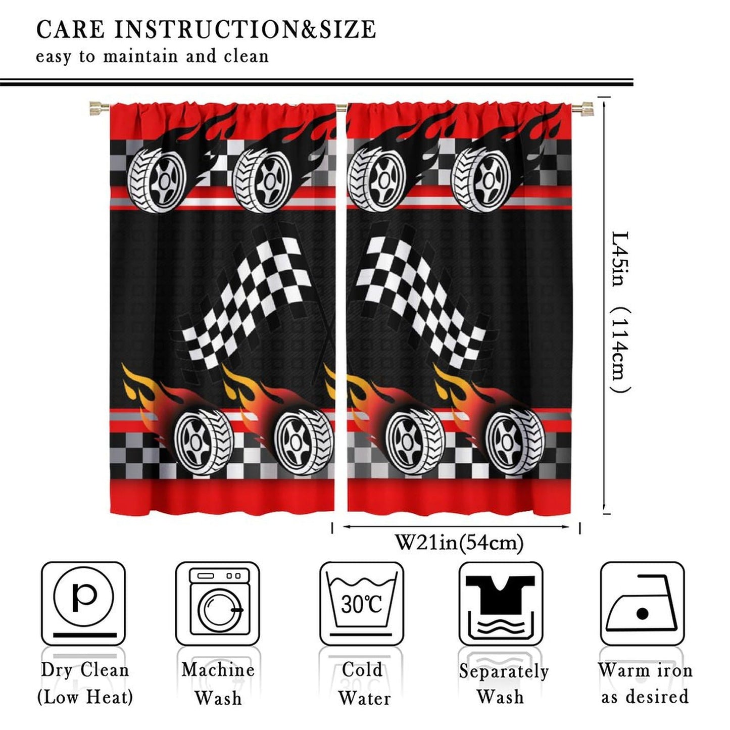 ICMOLYYENLO Racing Kids Curtains Boys Red Racing Bedroom Curtains Race Track Flag Pattern Living Room Curtains Set of 2 42x45 Inches