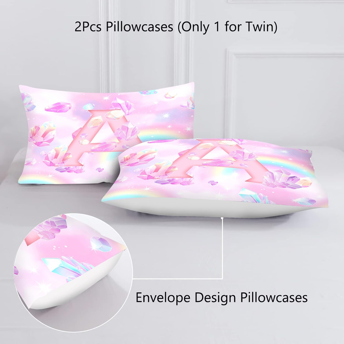 VTKON Pink Crystal Comforter Set for Kids Girls Queen Size 3 Piece Initial Letter A Bedding Set Glitter Rainbow Alphabet Bed Sets Sparkle Gemstone Bedroom Decor with 2 Pillow Cases