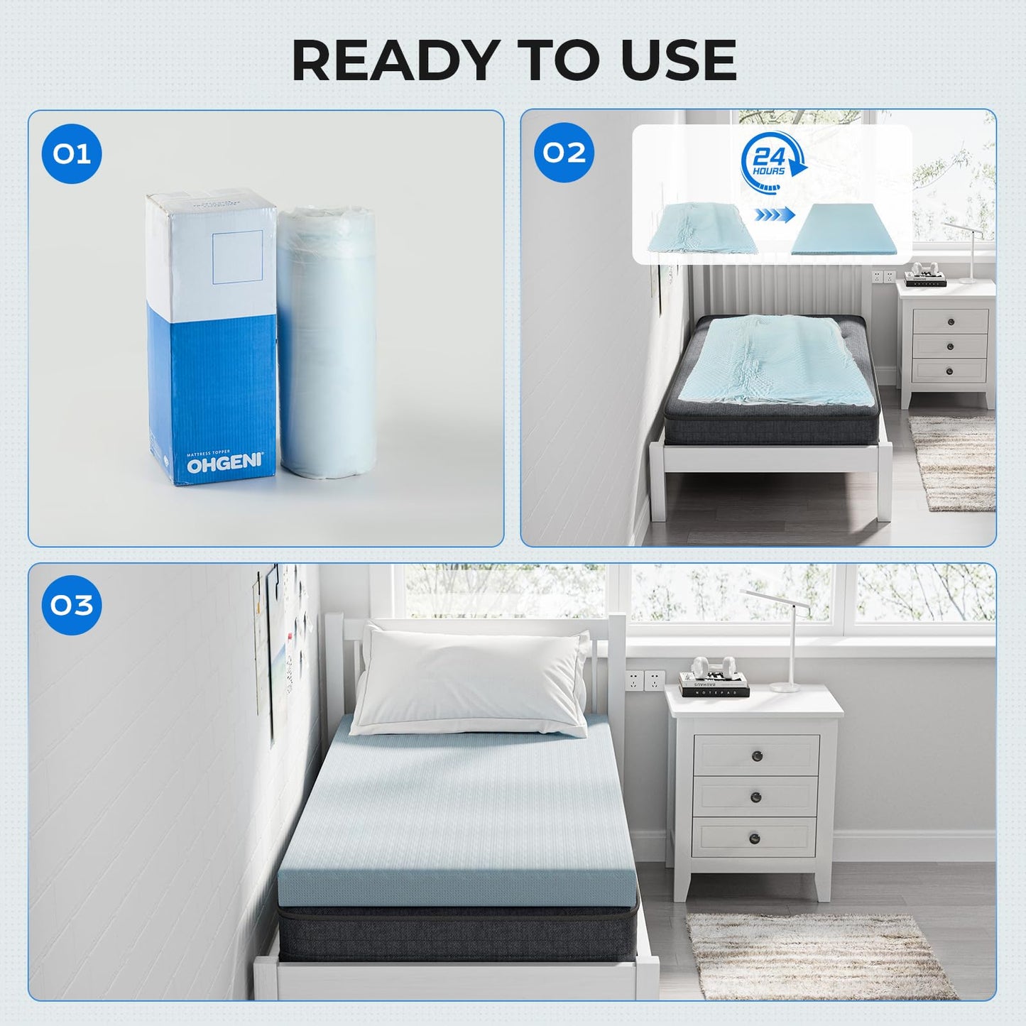 OhGeni 2 Inch Twin Size Memory Foam Mattress Topper Pad with Cover, Soft Bed Cover with Anti-Slip Base, Enhanced with Cooling Gel，Removable & Washable，College Dorm Room Essential
