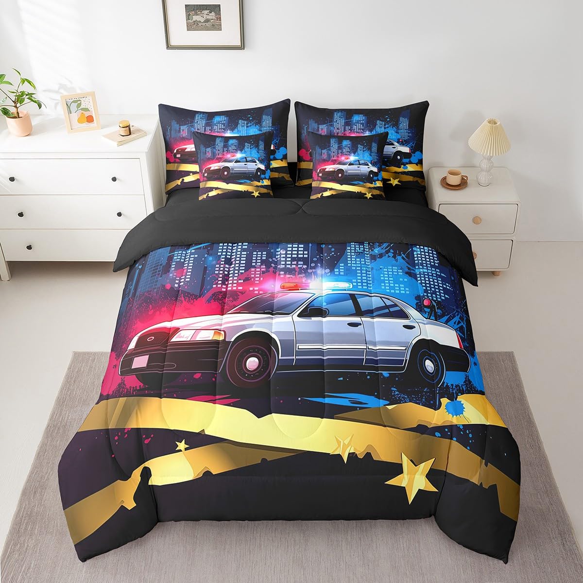 Erosebridal Police Car 7 Piece Comforter Set Full Bed in a Bag,Policeman Vehicle Car Bedding Sets Red Blue Cop Lights Truck Sheet Set with Comforter