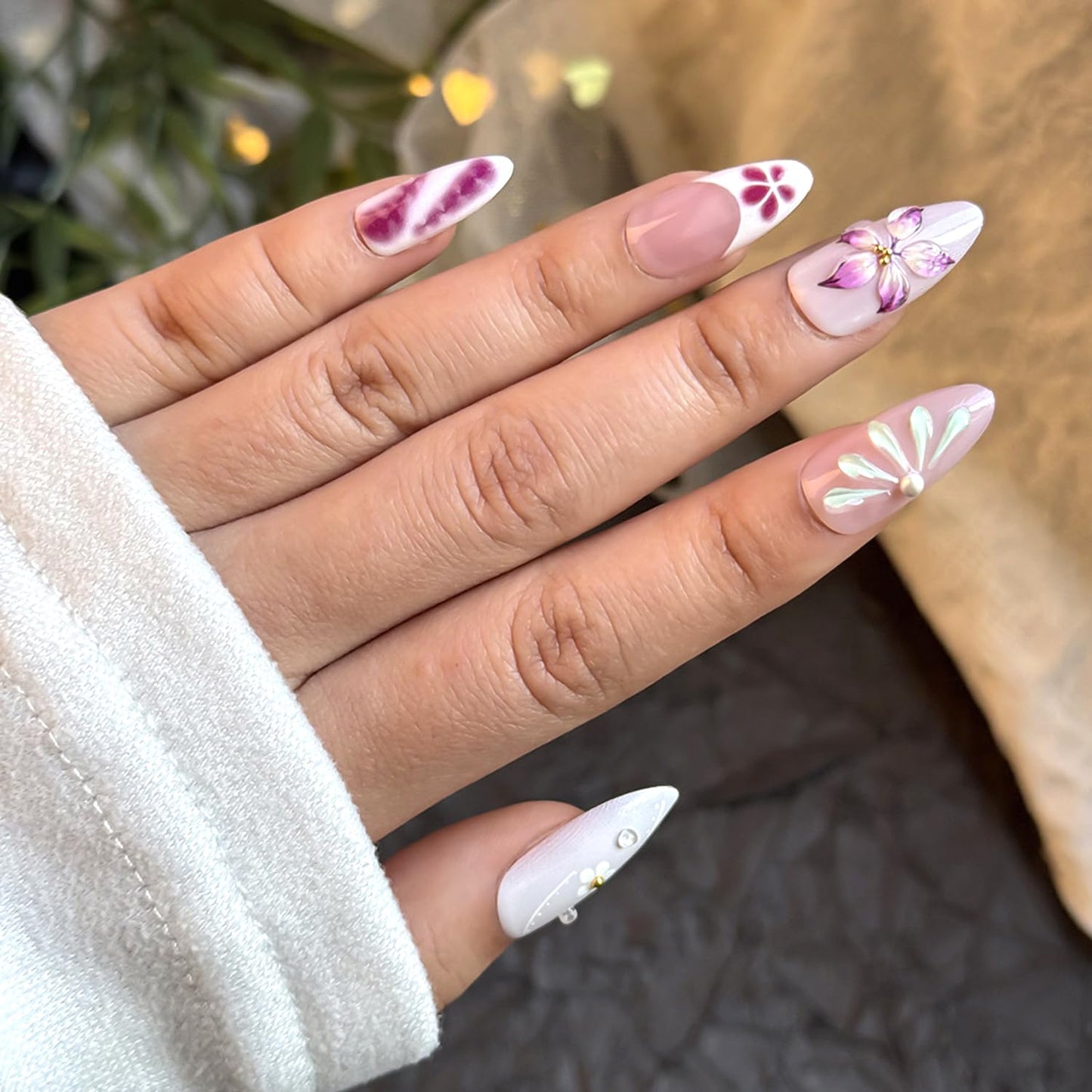 24Pcs Gradient Press on Nails Medium Almond Fake Nails with 3D Carved,Floral & Pearl Designs French Tip Cute Stick on Nails Pink False Nails Spring Summer DIY Nails for Women