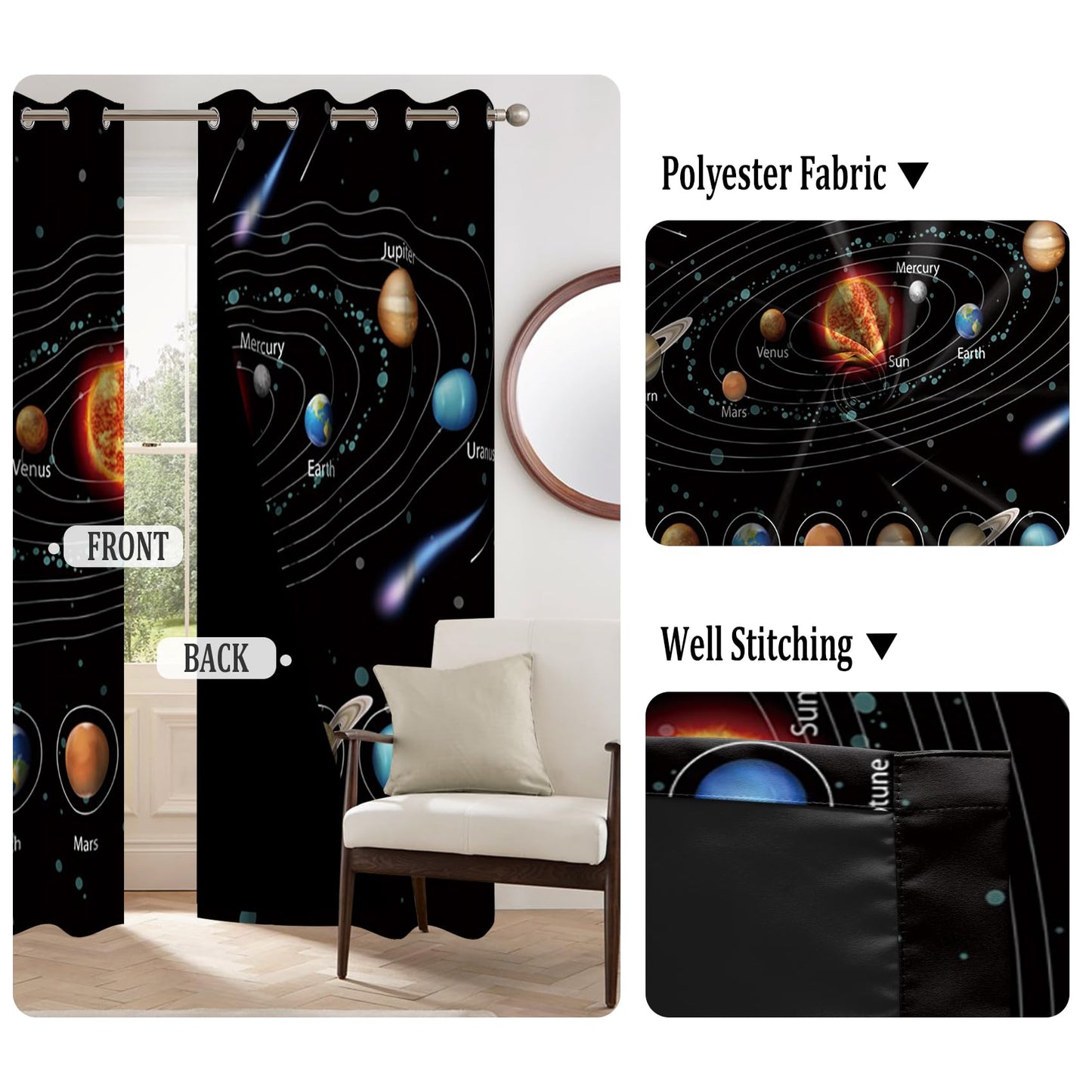 Renaiss Outer Space Planet Kids Blackout Curtains for Boys Bedroom Cartoon Solar System Window Curtain Universe Galaxy Thermal Window Drapes for Room Darkening Curtains 2 Panels Set, 42x63 Inch